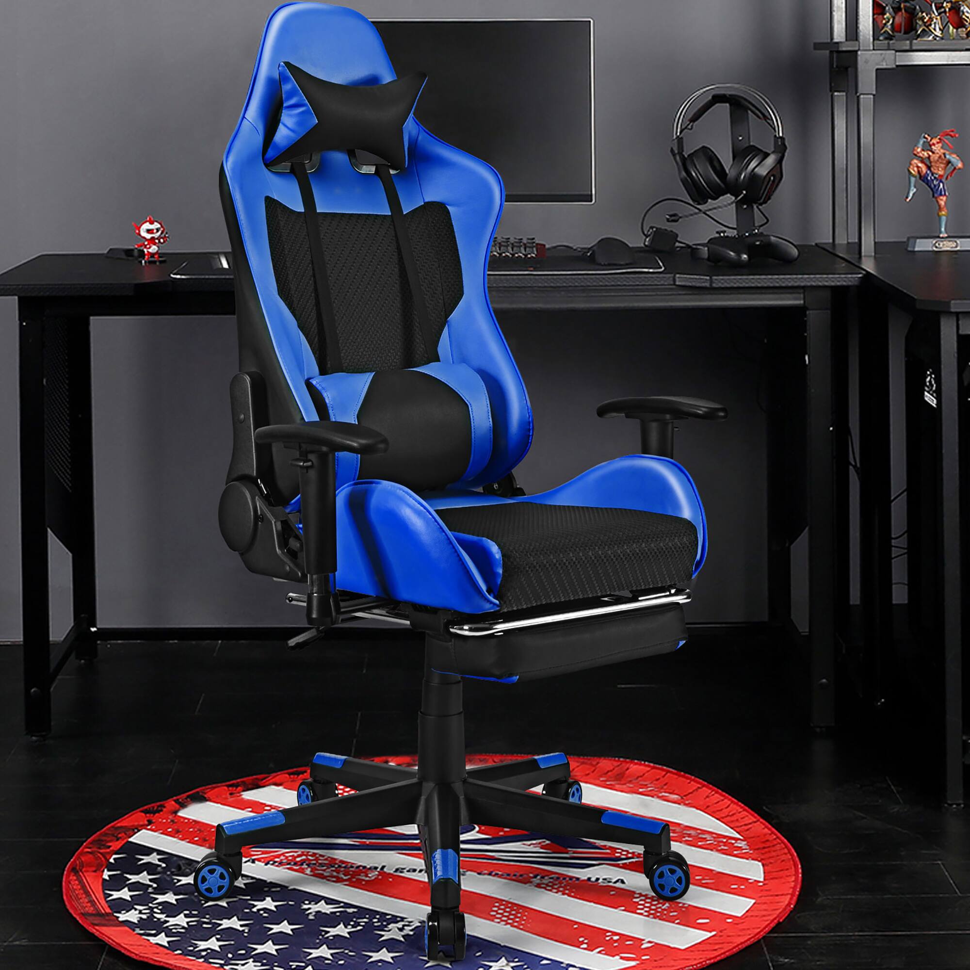 Angle. Costway - Racing Massage Gaming Chair with Footrest - Blue + Black.