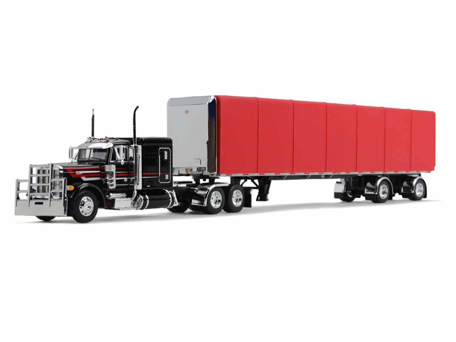 Angle. First Gear - Peterbilt 379 with 63 Flat Top Sleeper and 53' Utility Roll Tarp Spread-Axle Trailer Black and Red 1/6460-1612 - Black and Red.