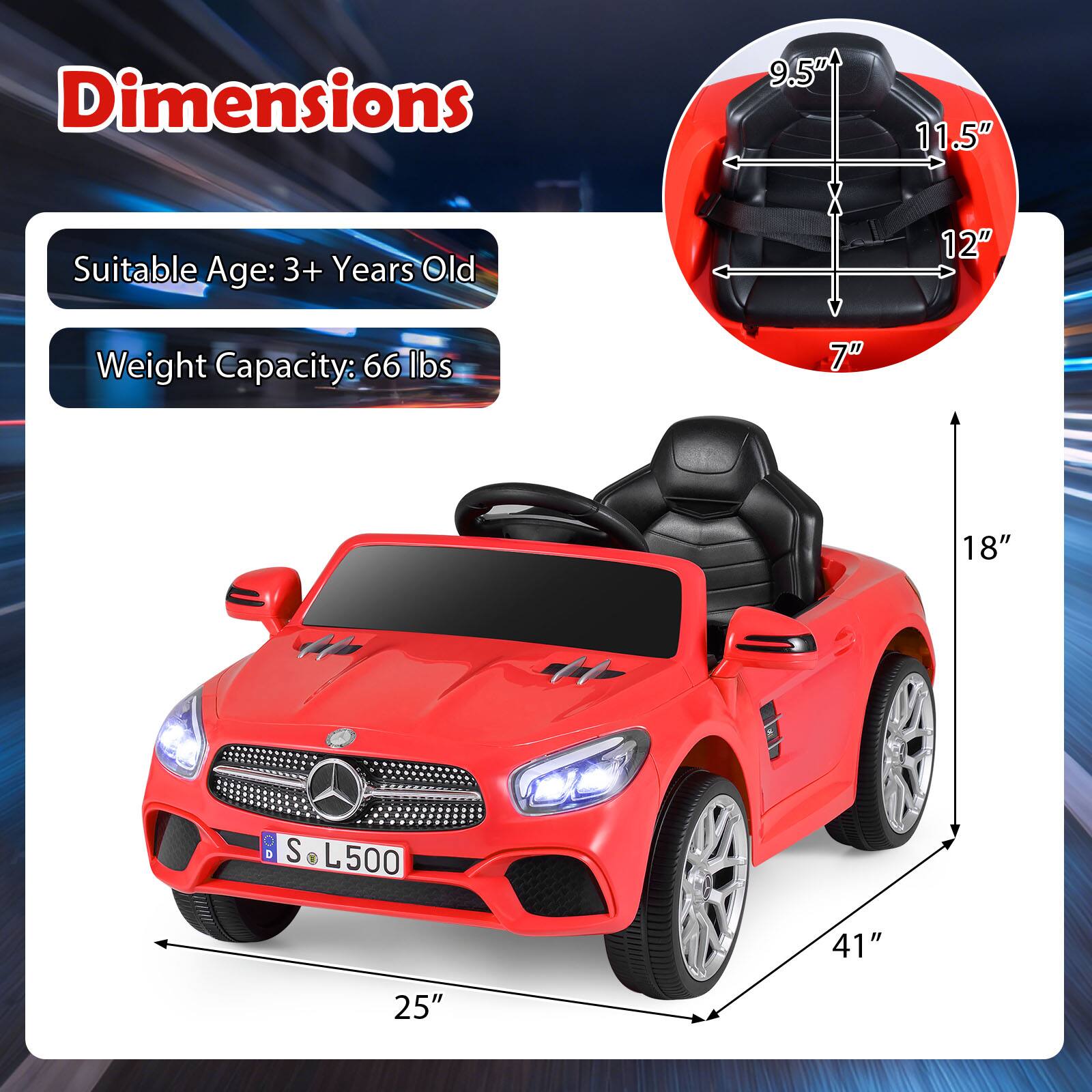 Dimensions: 9.5" x 11.5" x 12"  
Suitable Age: 3+ Years Old  
Weight Capacity: 66 lbs  
Height: 18"  
Length: 41"  
Width: 25"