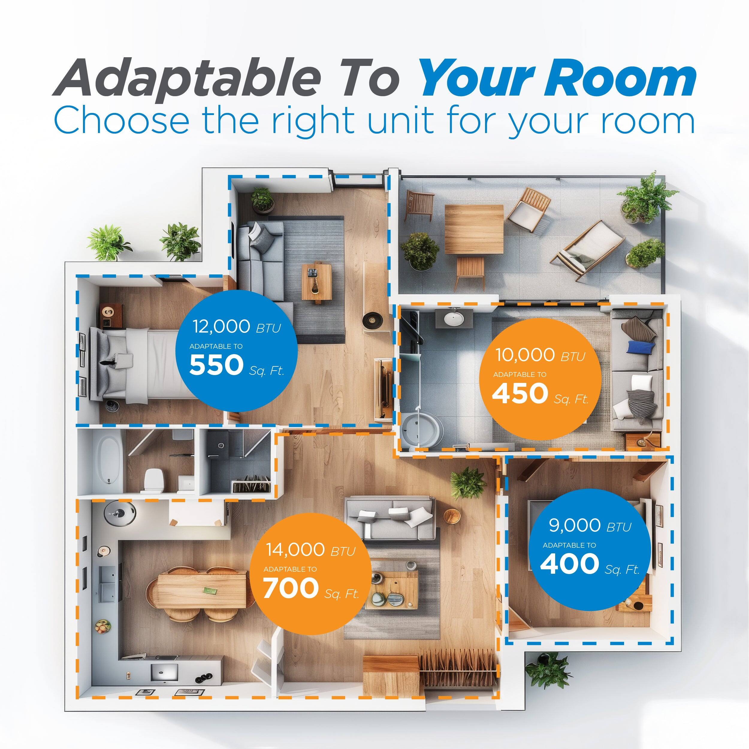Adaptable To Your Room Choose the right unit for your room - 12,000 BTU ADAPTABLE TO 550 Sq. Ft. 10,000 BTU ADAPTABLE TO 450 Sq. Ft. 14,000 BTU ADAPTABLE TO 700 Sq. Ft. 9,000 BTU ADAPTABLE TO 400 Sq. Ft.