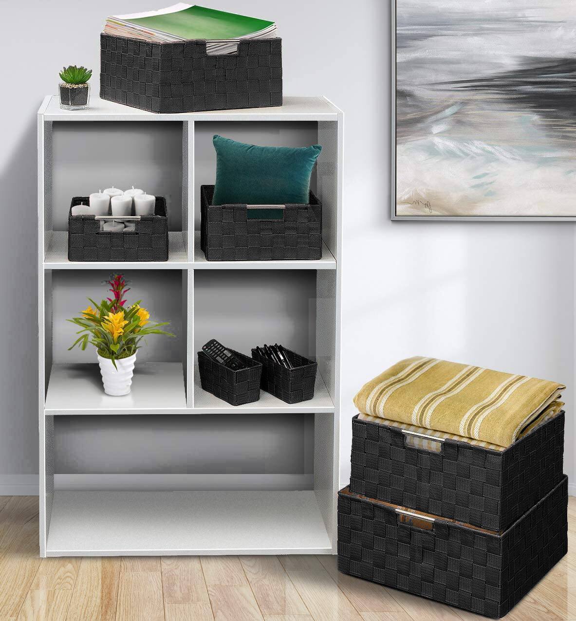 Angle. Sorbus - Sorbus 7 Piece Storage Baskets for Organizing , Mesh, Linen, Organizer Storage Baskets for Home or Office - Black.