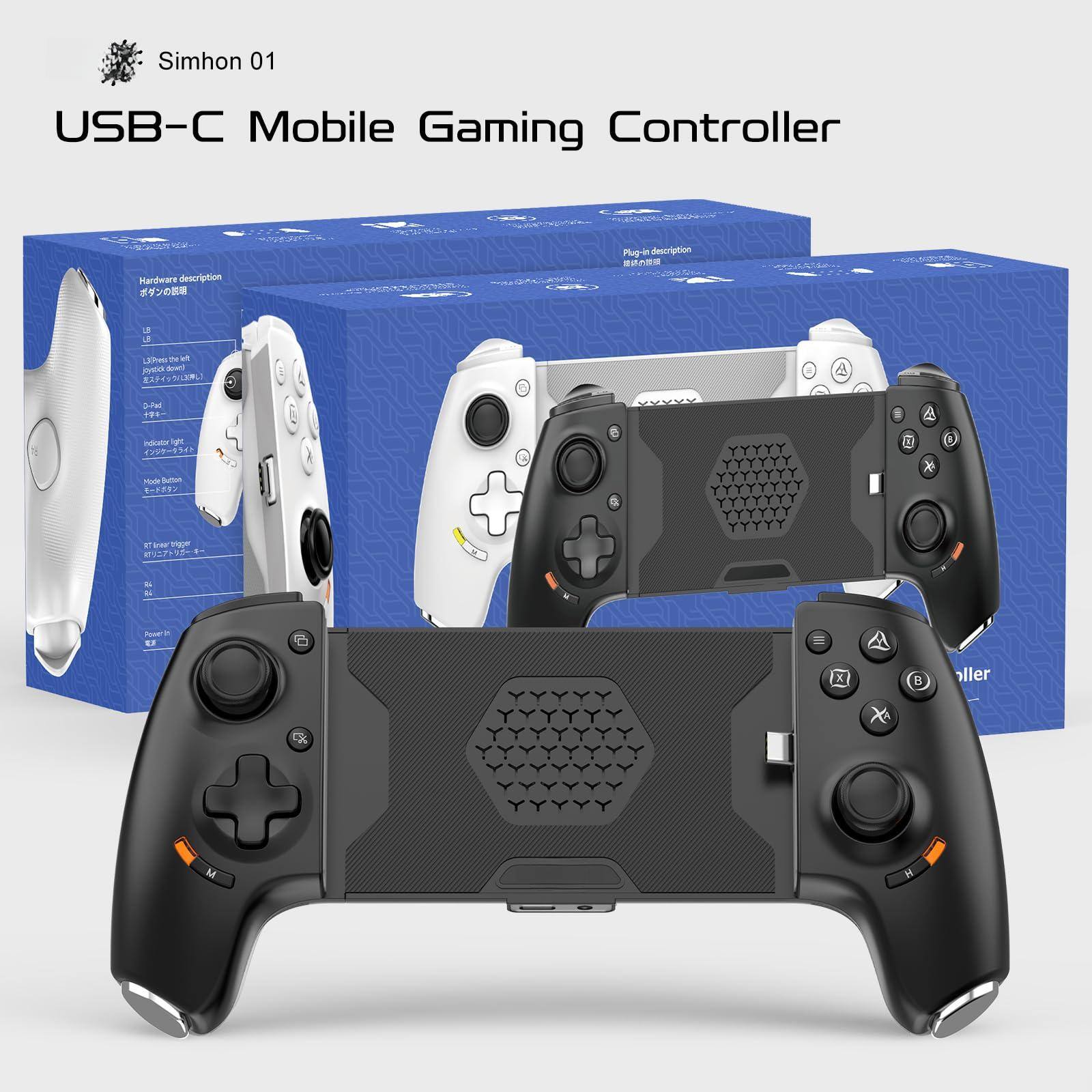 Simhon 01  
USB-C Mobile Gaming Controller  

Hardware description  
- USB-C port  
- D-pad  
- Analog sticks  
- Buttons (A, B, X, Y)  
- Indicators  
- Mode switch  

Plug-in description  
- USB-C cable  
- Power: 5V 1A