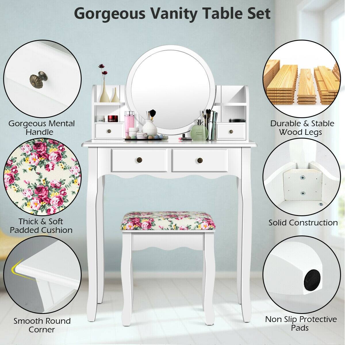 Gorgeous Vanity Table Set
Gorgeous Mental Handle
Durable & Stable Wood Legs
Thick & Soft Padded Cushion
Solid Construction
Smooth Round Corner
Non Slip Protective Pads