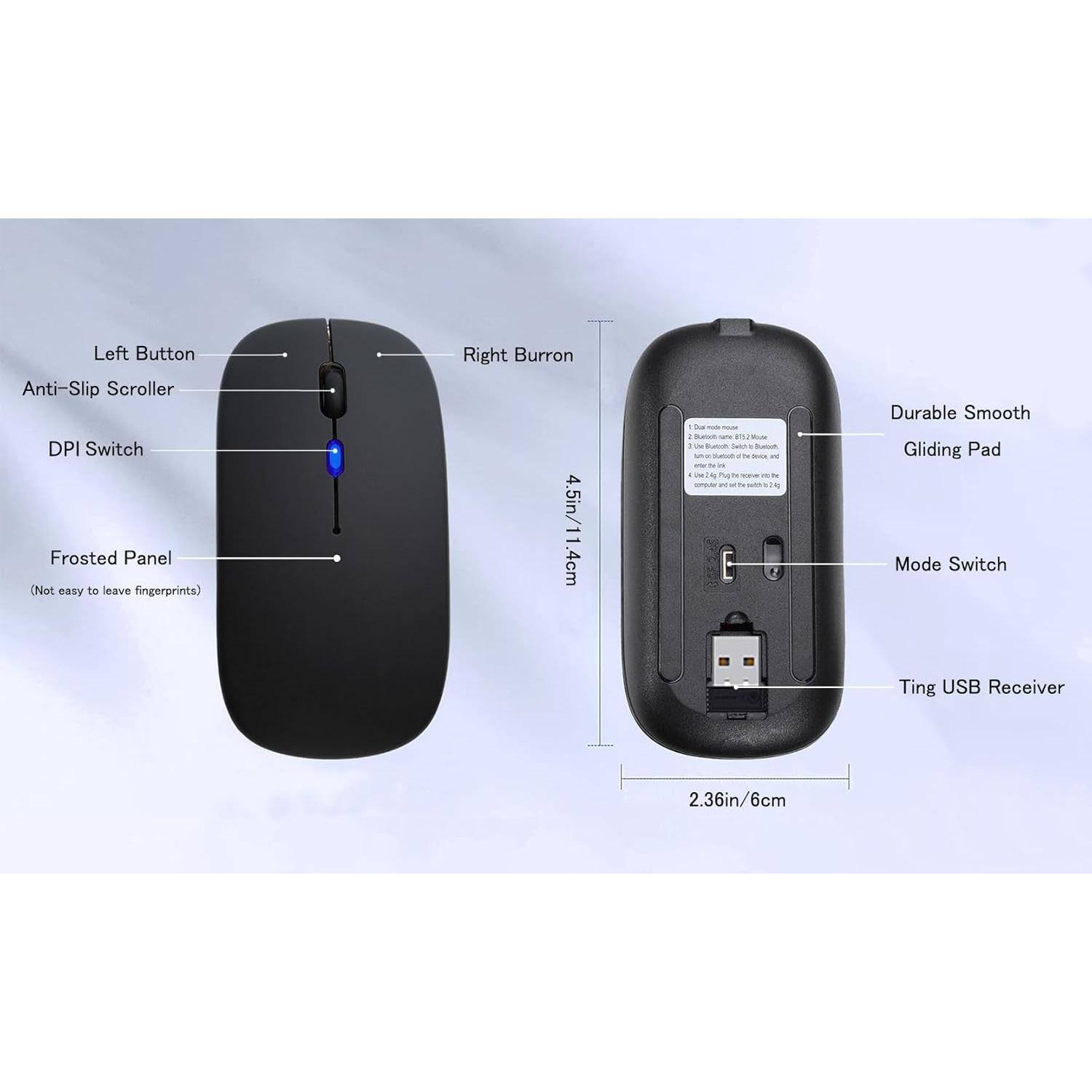 Left Button  
Anti-Slip Scroller  
DPI Switch  
Frosted Panel (Not easy to leave fingerprints)  
Right Button  

4.5in/11.4cm  

Durable Smooth Gliding Pad  
Mode Switch  
Ting USB Receiver  

2.36in/6cm