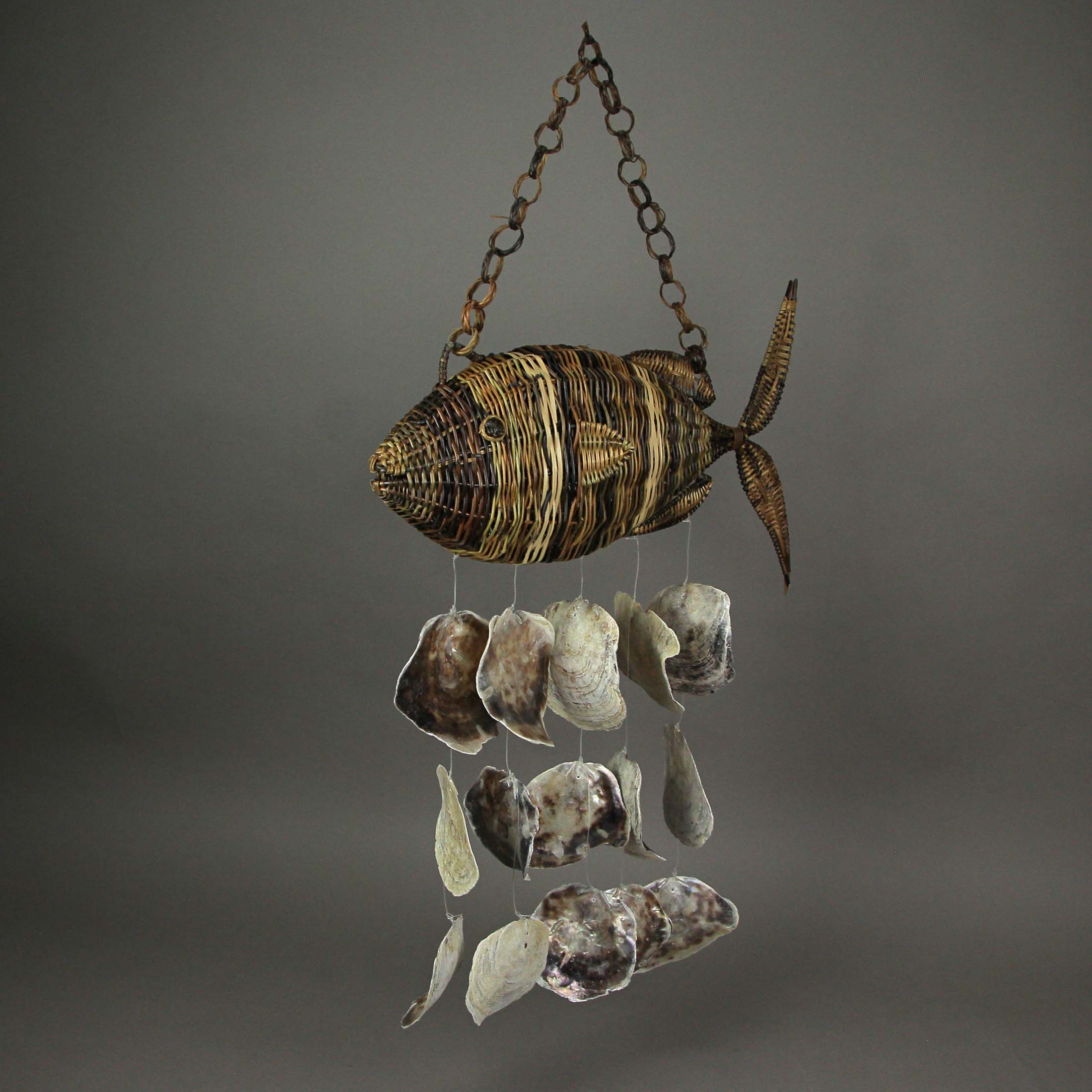 Alt View 4. J.D. Yeatts - Large Woven Rattan Fish Shaped Capiz Shell Wind Chime 31 Inches High - Brown.