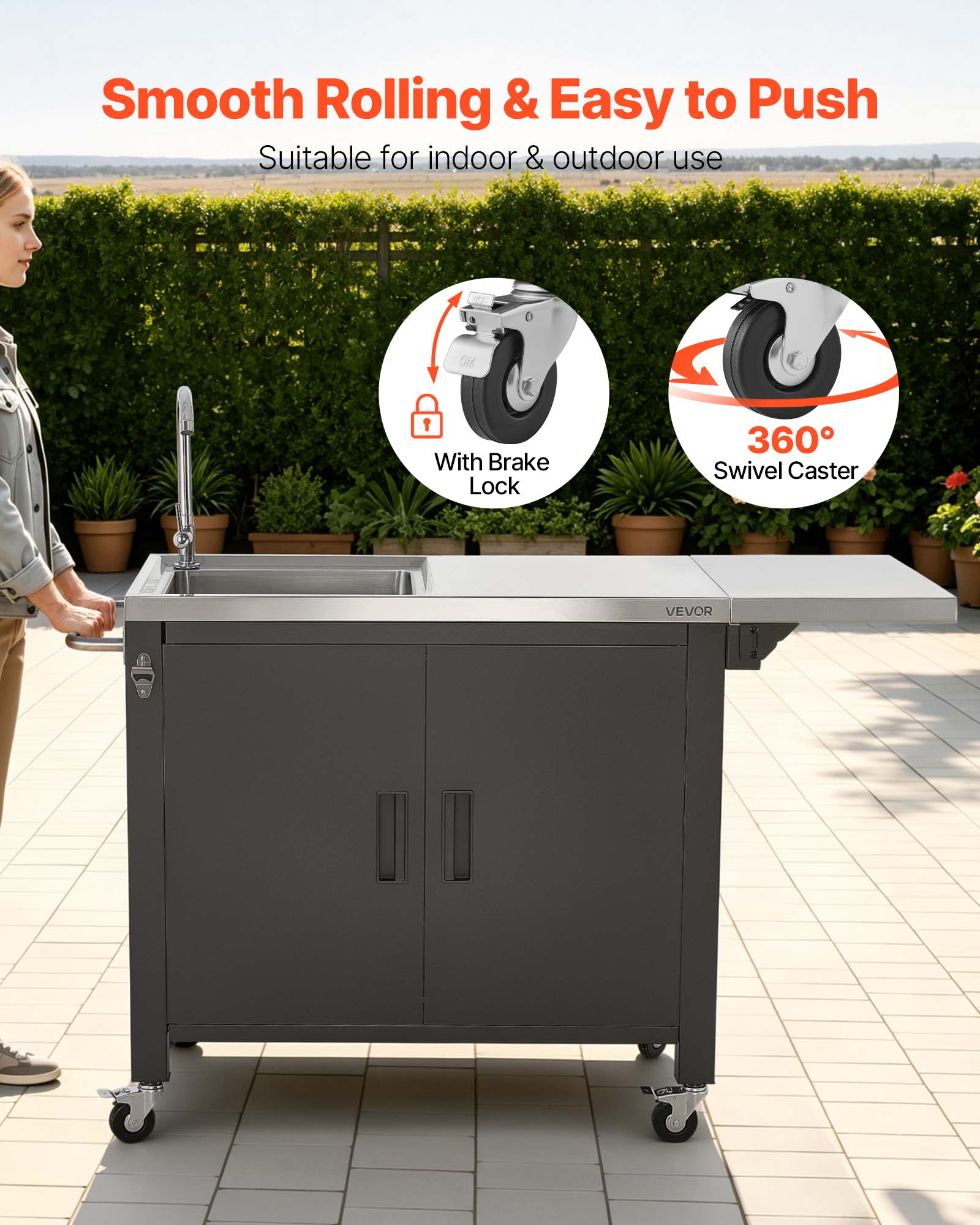 Smooth Rolling & Easy to Push  
Suitable for indoor & outdoor use  
With Brake Lock  
360° Swivel Caster  
VEVOR