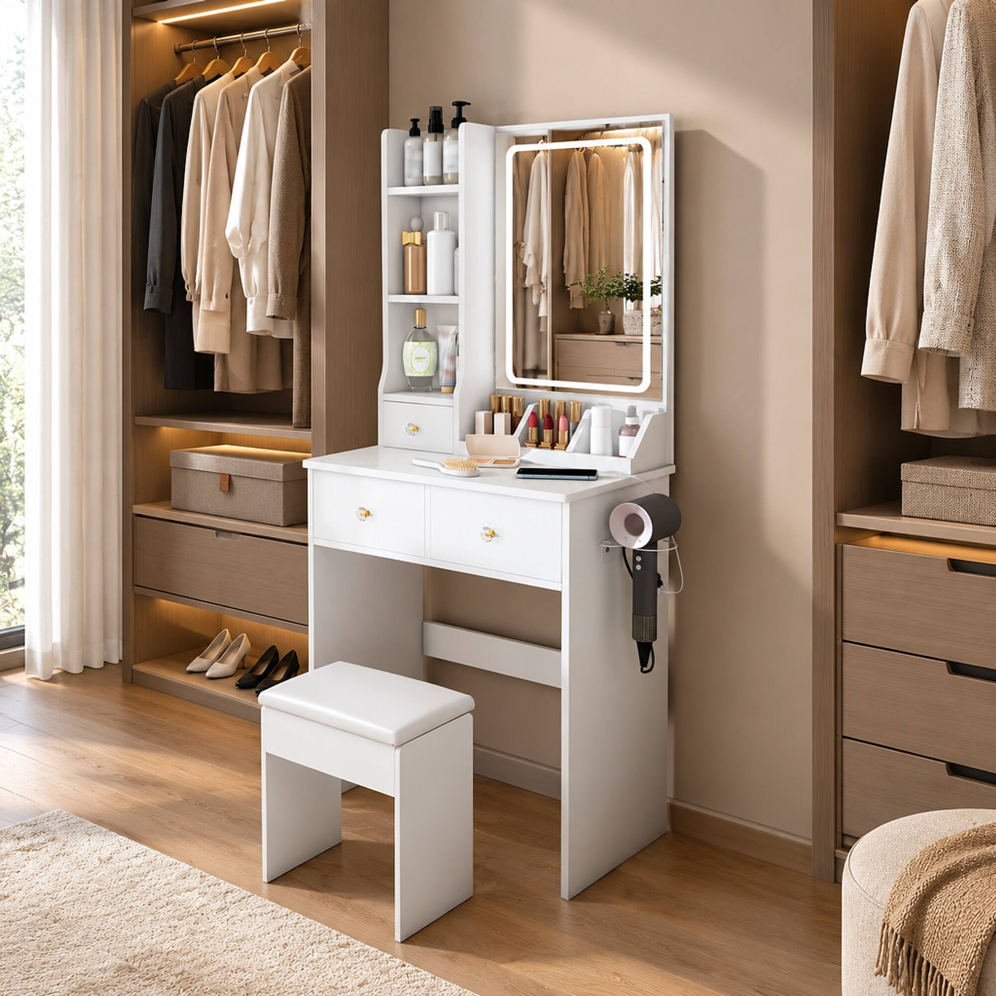 Left. RYHNUYNE - Modern Small Vanity Desk, 3 LED Lighting Modes, 3 Drawers, Open Shelves, Hair Dryer Holder, White - White.