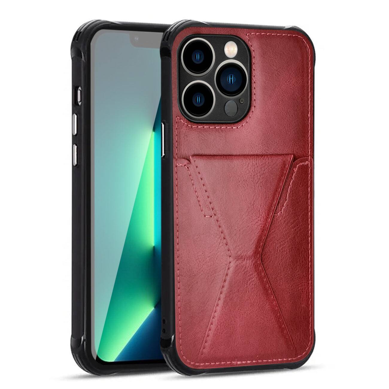 Front. Reiko - Tpu Leather Phone Case For Apple Iphone 13 Pro With Card Holder Strap In Red - Red.