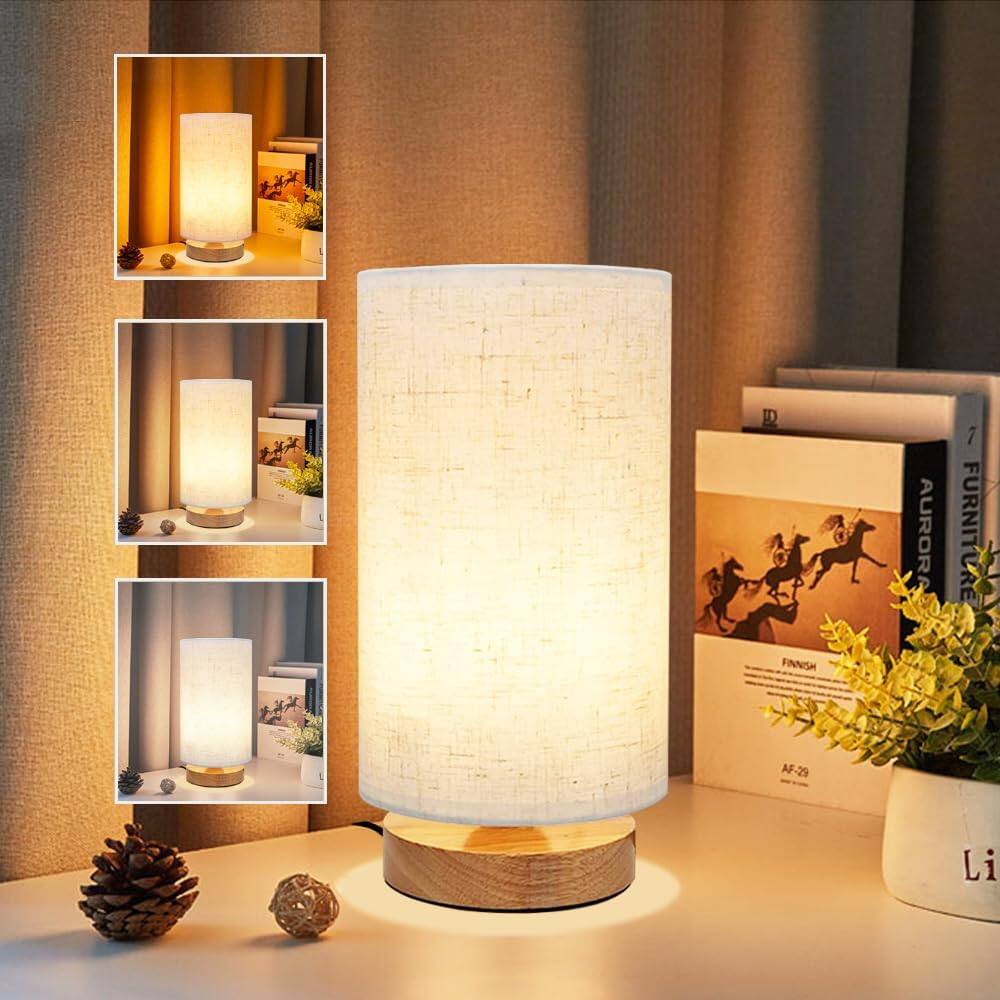 Stamp n Camp - Bedside Table Lamp for Bedroom Minimalist Base & Round Fabric Shade Cute Cozy Warm Nightstand Boho Lamp set - 3-Color Adjustable lamp Set of 1