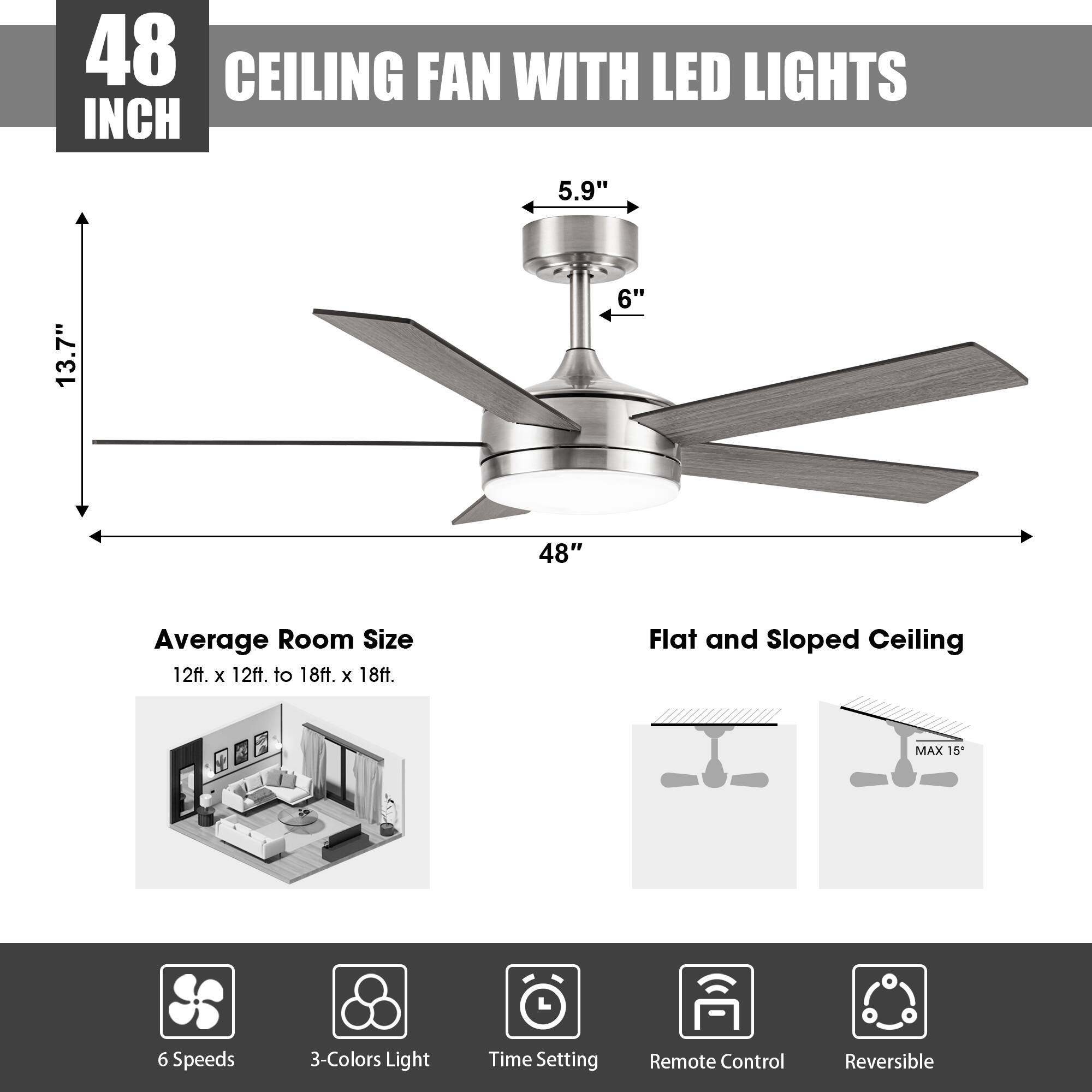 48 INCH CEILING FAN WITH LED LIGHTS

- 5.9" 
- 6" 
- 13.7" 
- 48" 

Average Room Size: 12ft. x 12ft. to 18ft. x 18ft.

Flat and Sloped Ceiling: MAX 15°

Features:
- 6 Speeds
- 3-Colors Light
- Time Setting
- Remote Control
- Reversible