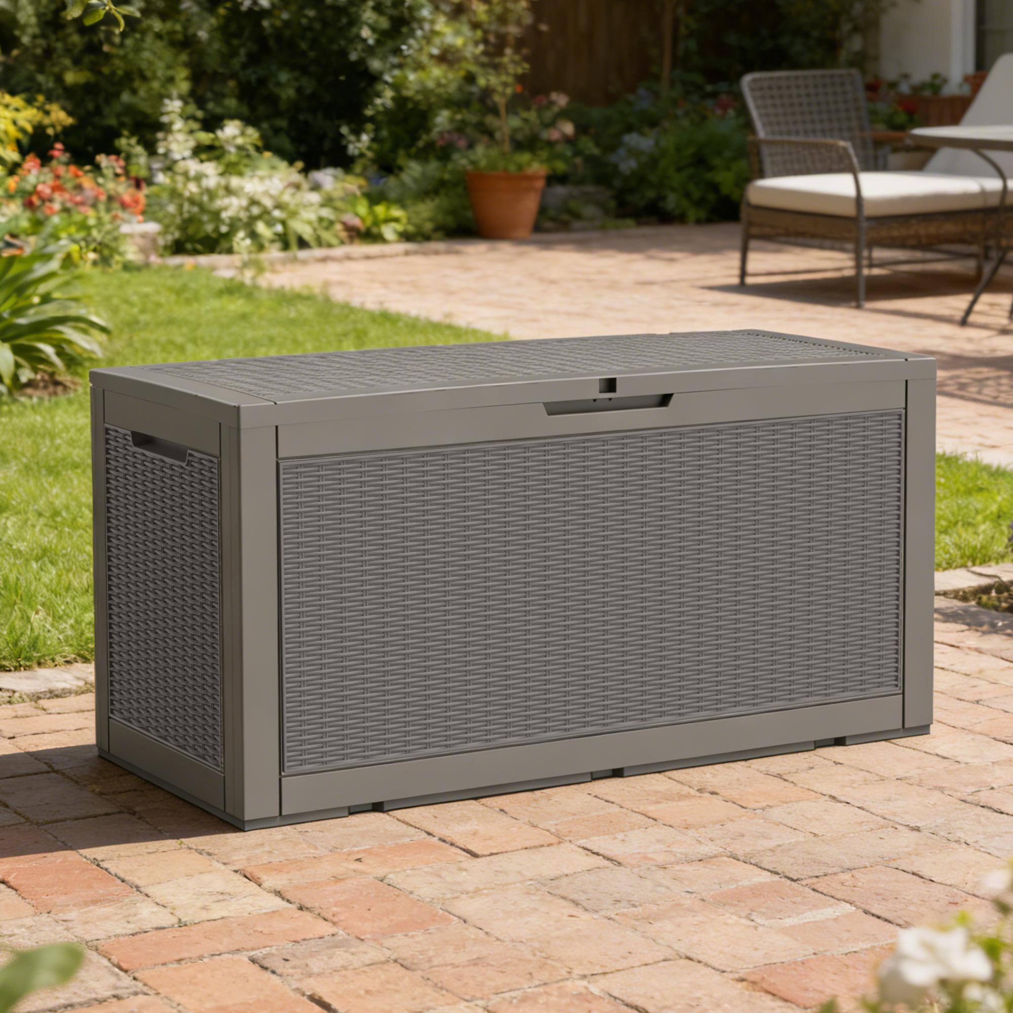 Left. Yardgrace - 100 Gal Resin Deck Box, Lockable Patio Outdoor Storage Box for Furniture, Garden Tools, Waterproof Outside Storage Boxes - brown.