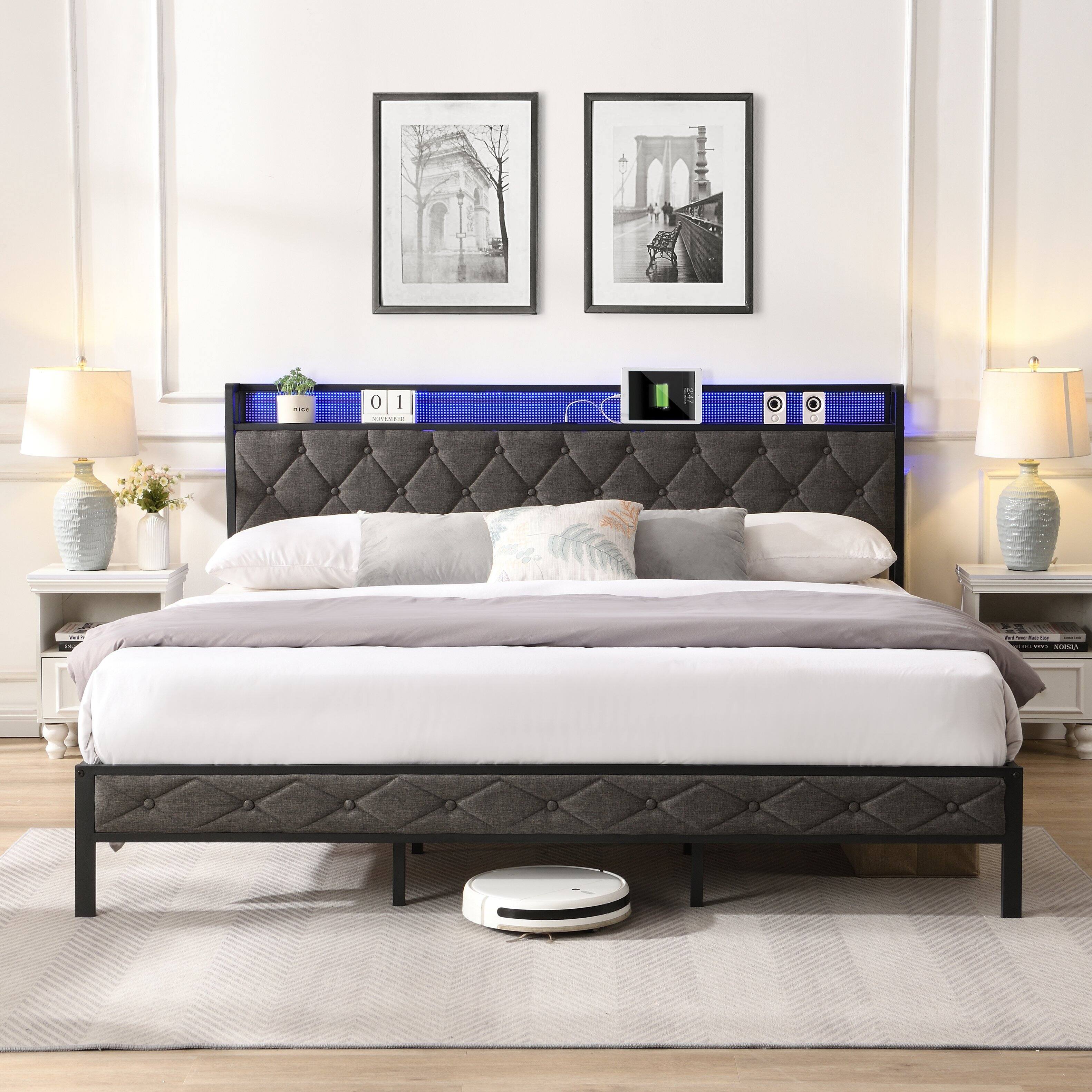 LUCKY ONE - King Size Upholstered Bed Frame with Storage Headboard,Charging Station and LED Lights - Gray