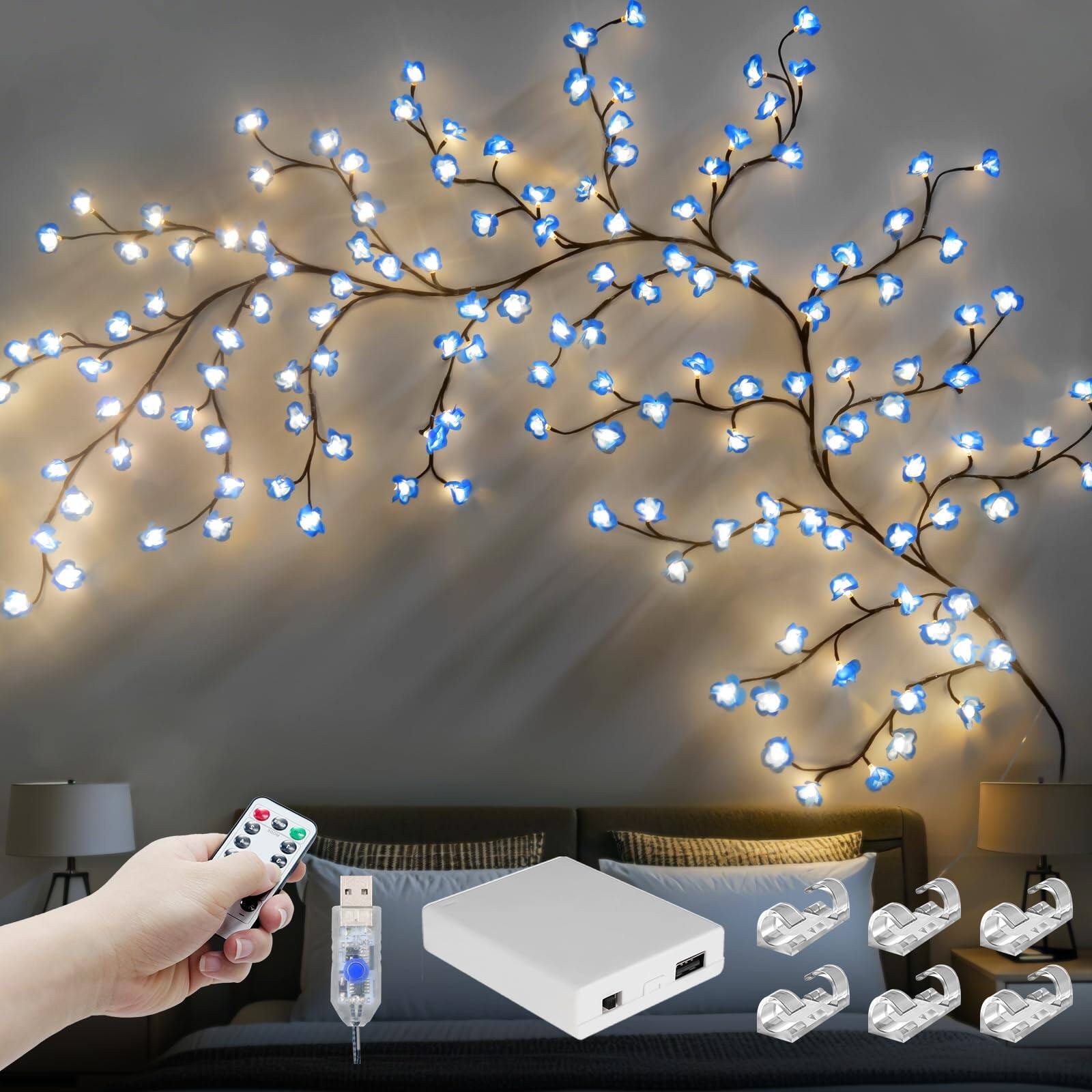 Front. Reds Spade - Cherry Enchanted Willow Vine Lights 7 144led Blossom Tree Branch For Wall Remote Timer 8 Light Model Bedroom - Blue 144 LED.