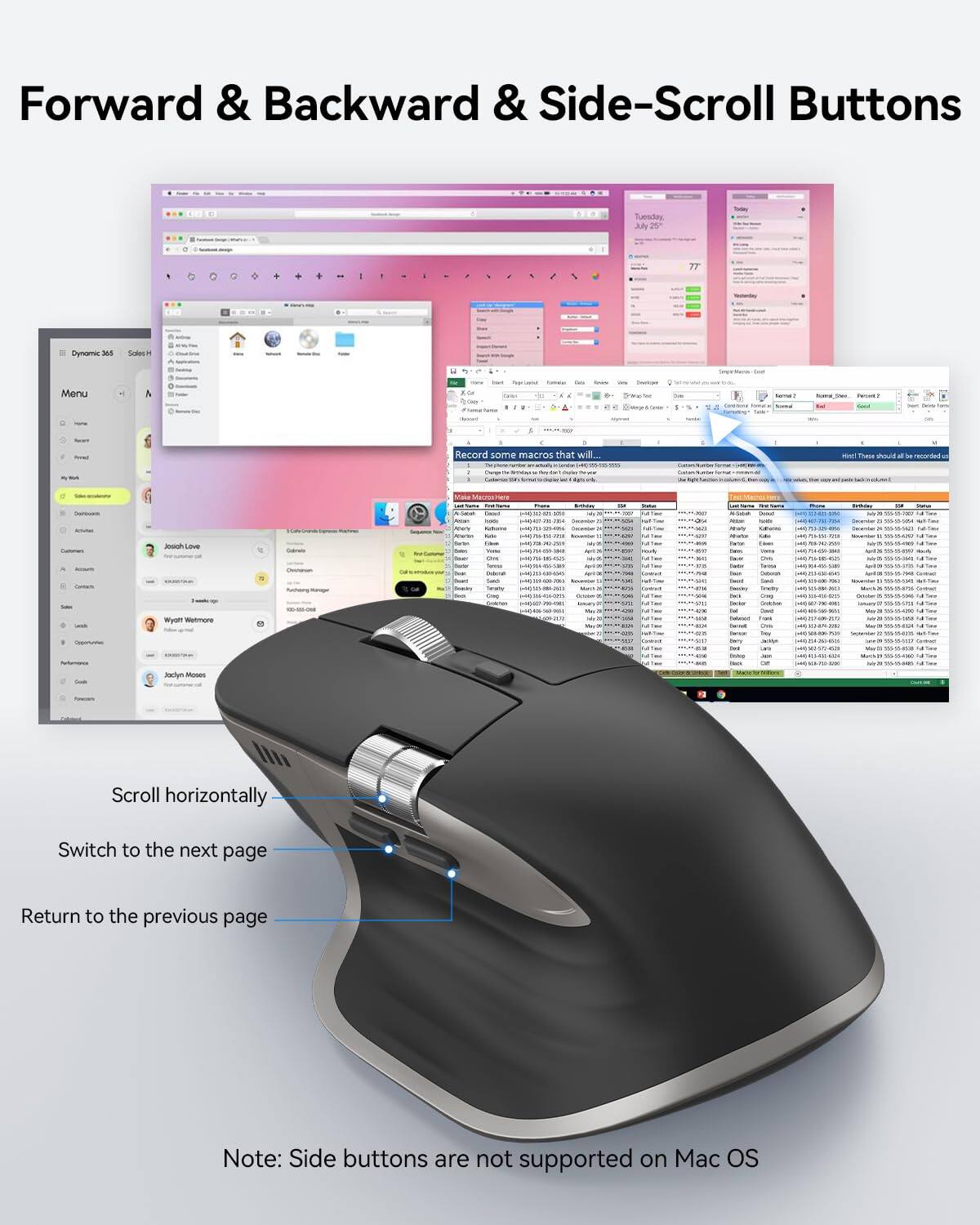 Forward & Backward & Side-Scroll Buttons

- Scroll horizontally
- Switch to the next page
- Return to the previous page

Note: Side buttons are not supported on Mac OS