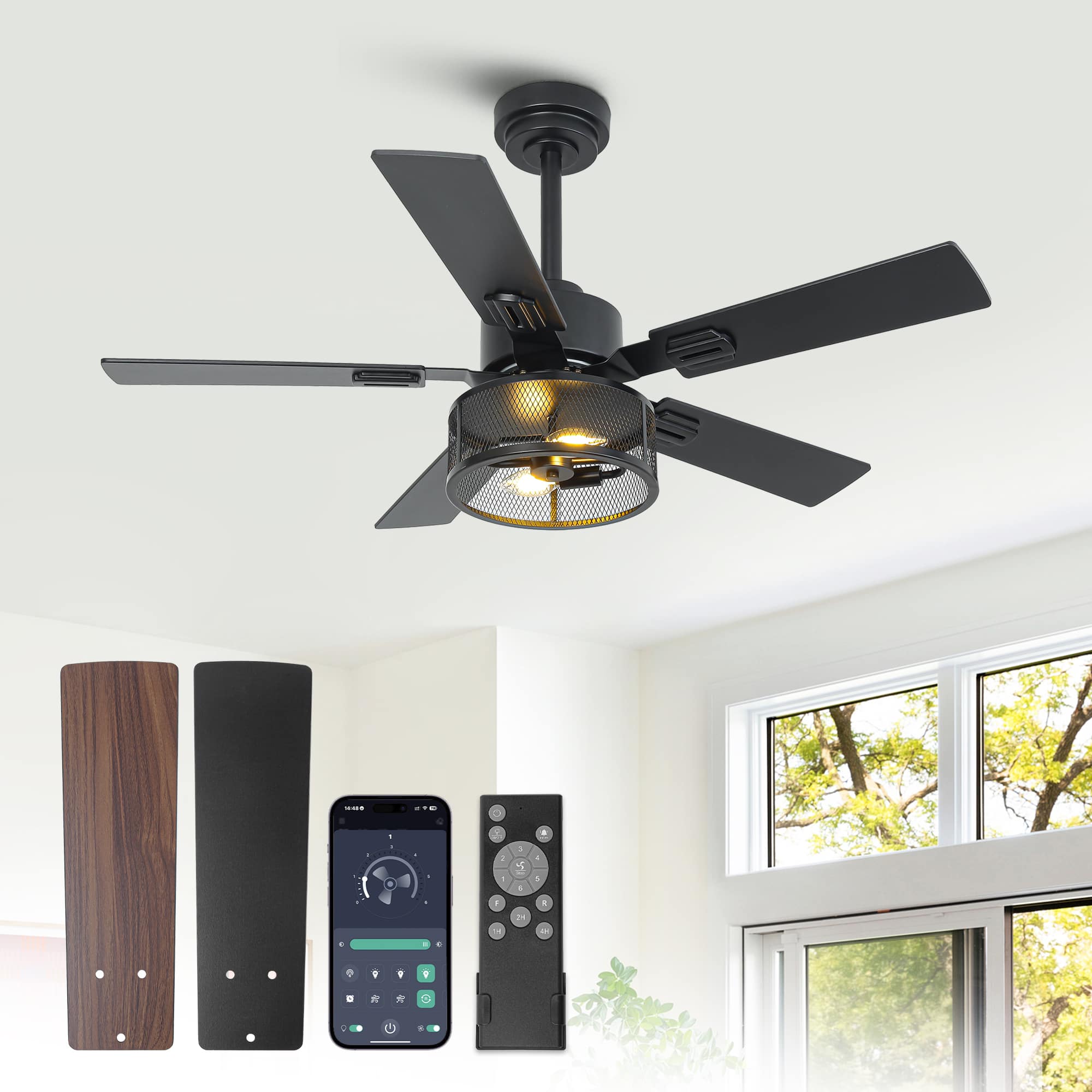 Front. Vaczon - 42" Industrial Black Metal Caged Ceiling Fan with Light and Remote  & App Control - Black.