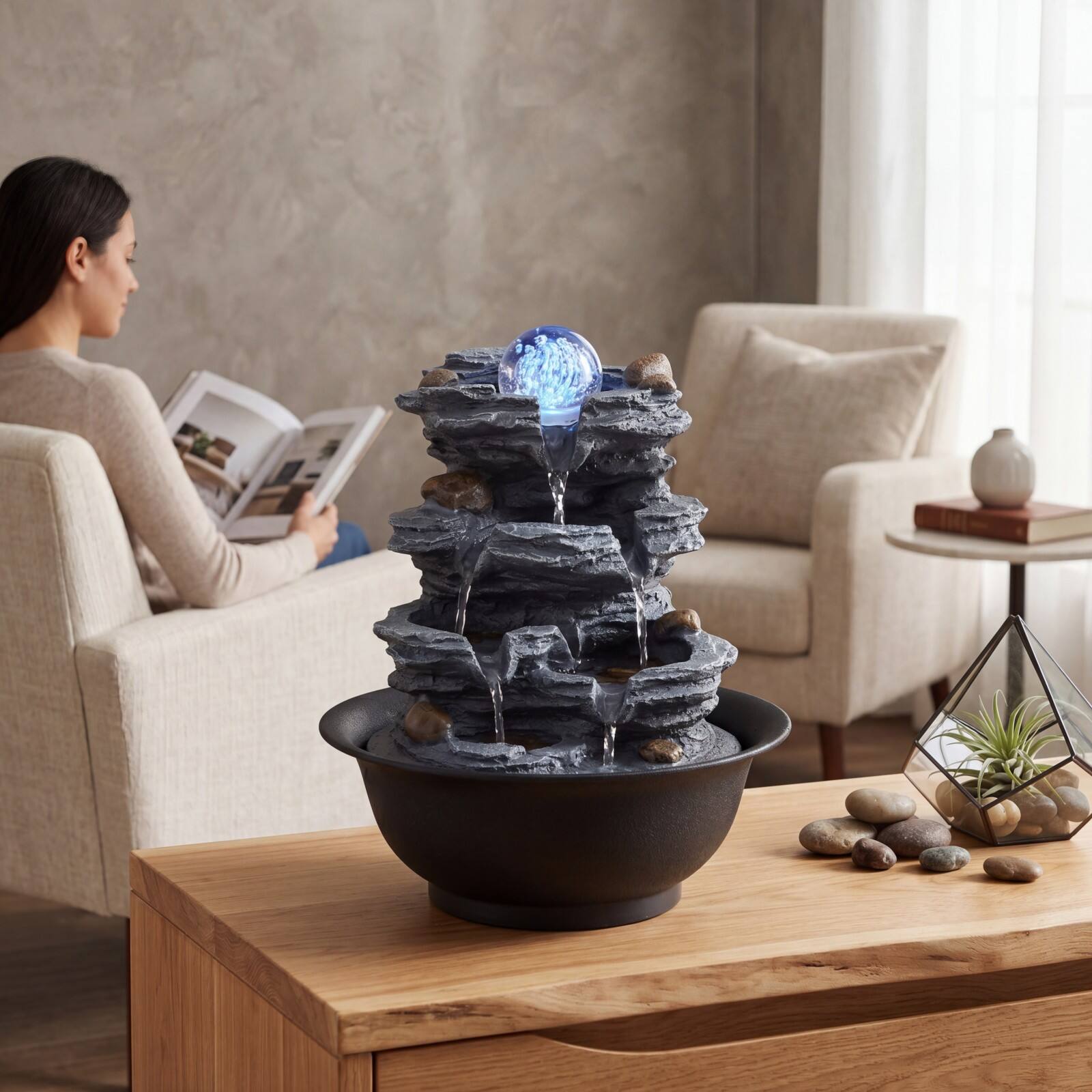Alt View 5. Costway - Costway Tabletop Water Fountain with Rolling Crystal Ball, Color-Changing LED Light, Pump - Black.