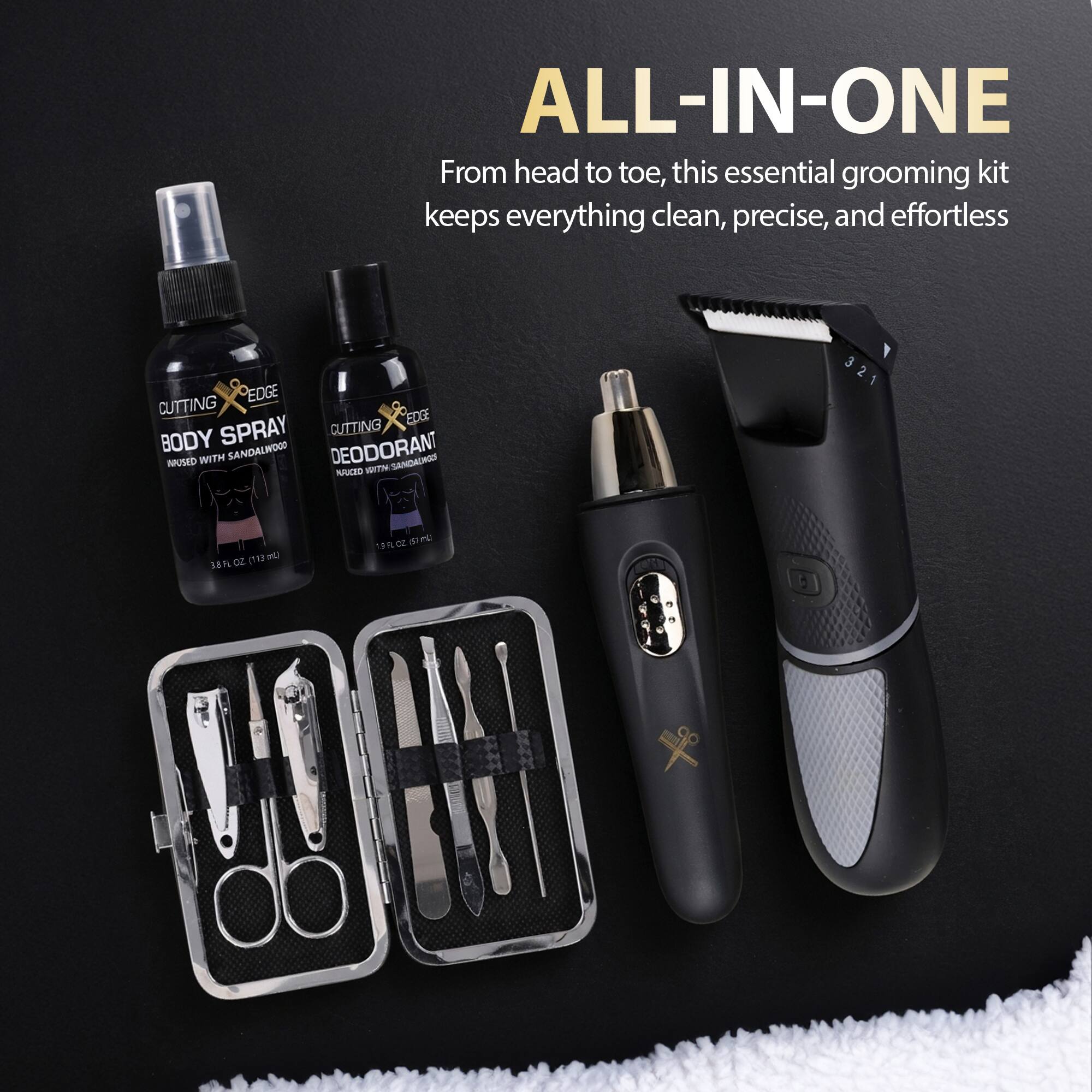 ALL-IN-ONE  
From head to toe, this essential grooming kit keeps everything clean, precise, and effortless  

EDGE CUTTING  
EDGE SPRAY  
CUTTING BODY SPRAY  
DEODORANT  
MUSK WITH SANDALWOOD  

3.8 FL OZ (113 mL)