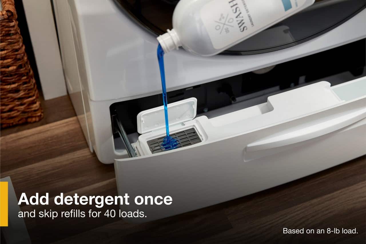 Add detergent once and skip refills for 40 loads. Based on an 8-lb load.