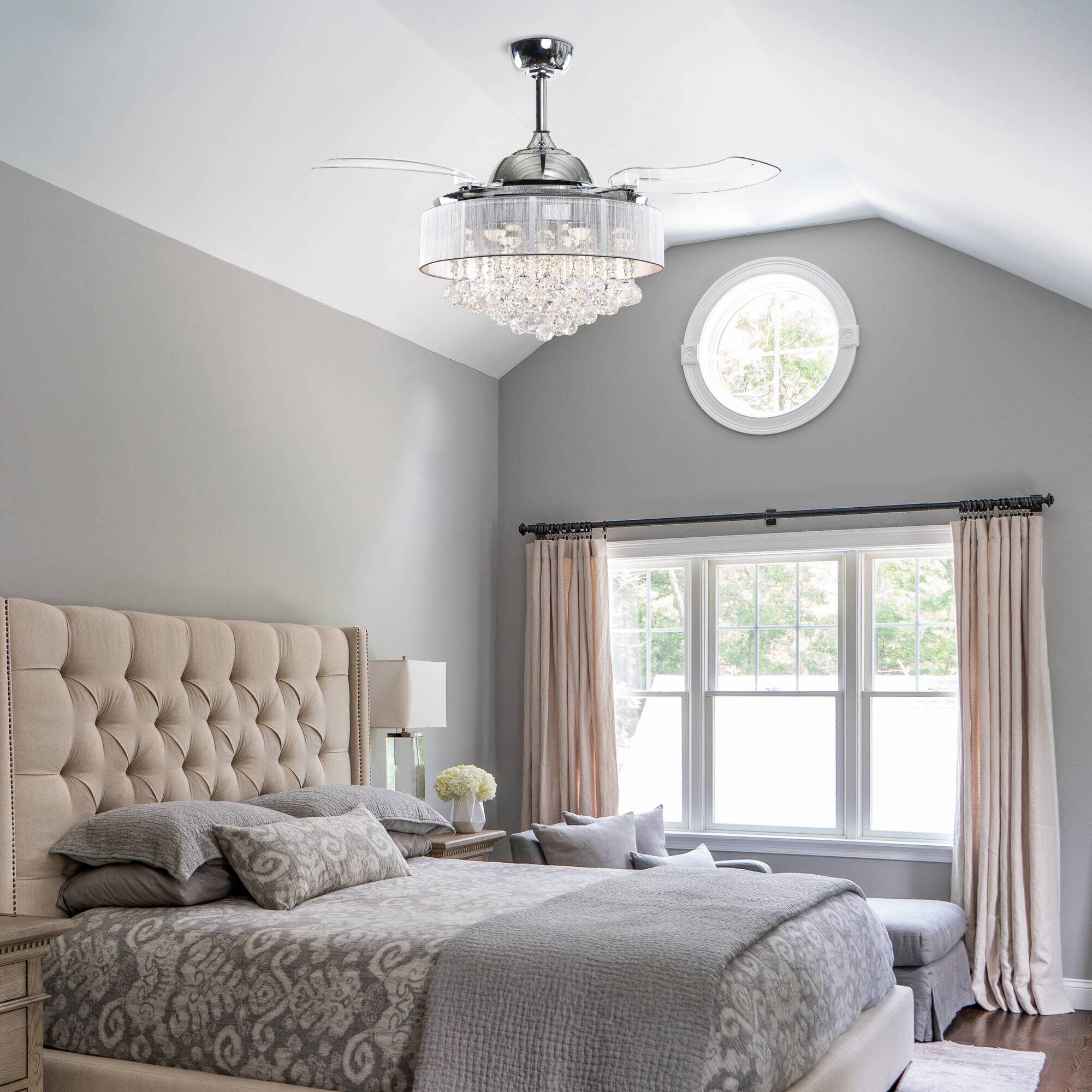 Angle. Parrot Uncle - 42" Crystal Smart Fandelier Ceiling Fan with Light and Remote, App Control, Voice Control - Chrome.