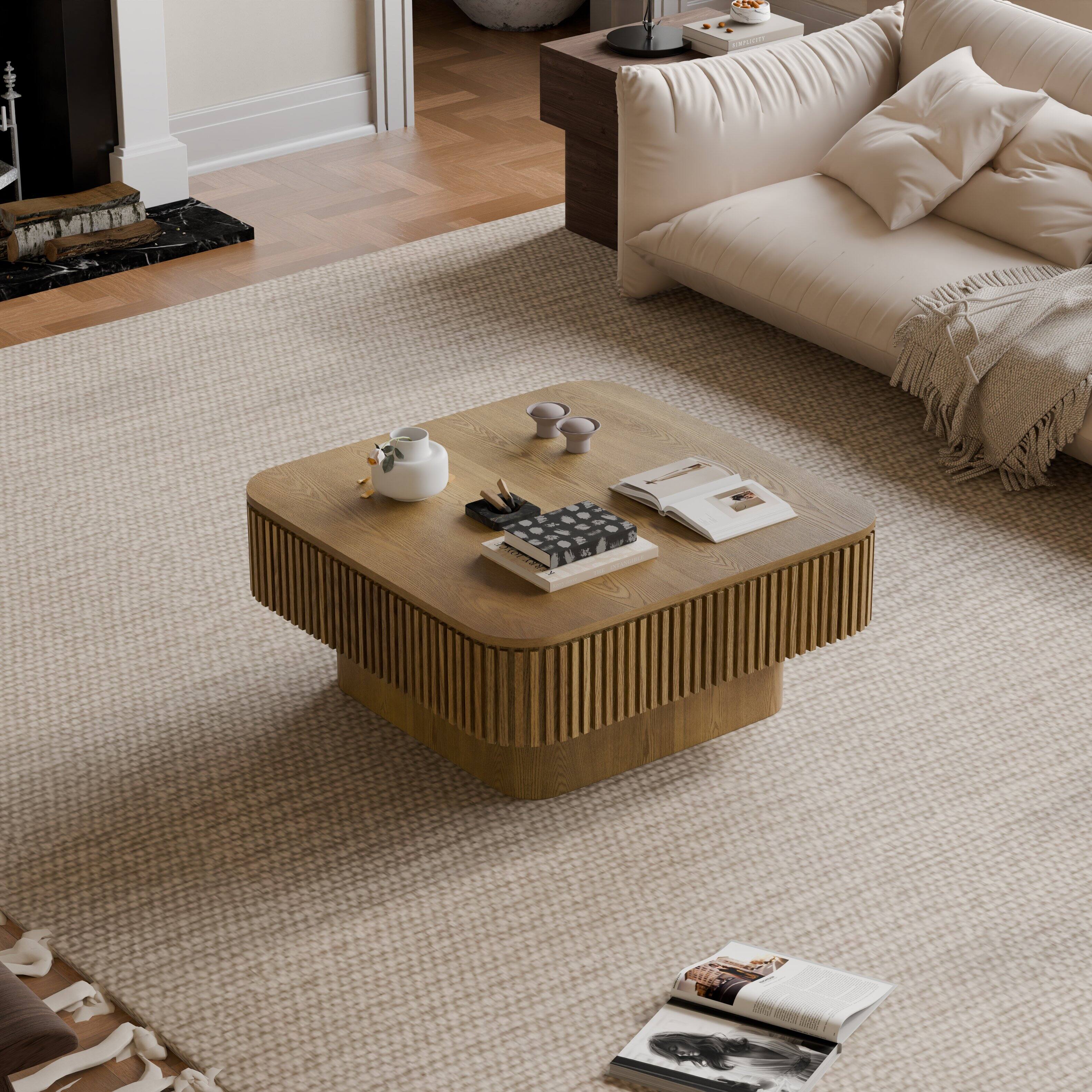 Back. Loheer - Loheer 31.5 Inch Square Coffee Table with Storage Solid Wood Veneered Modern Brown Accent Tea Table for Living Room - Brown.