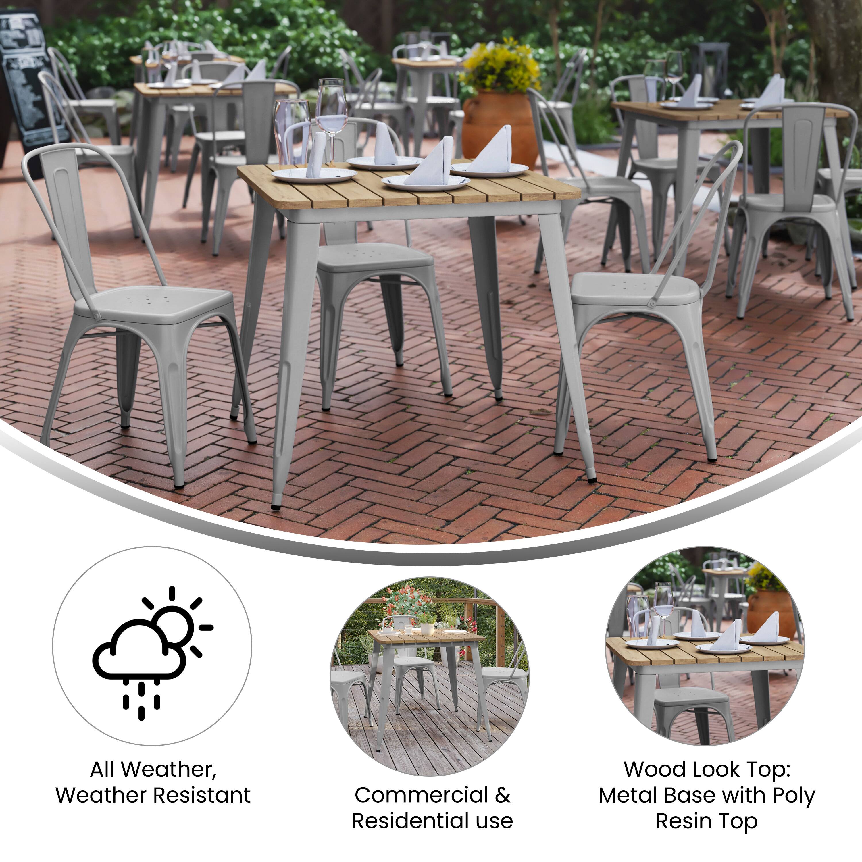 All Weather, Weather Resistant  
Commercial & Residential use  
Wood Look Top: Metal Base with Poly Resin Top