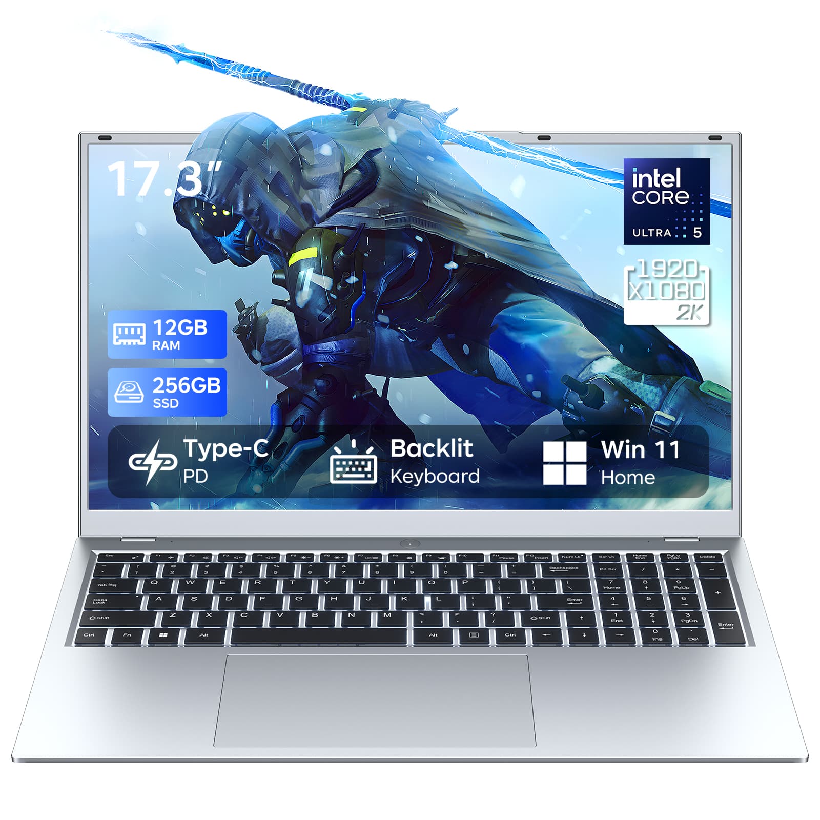 17.3"  
Intel Core Ultra 5  
12GB RAM  
1920 x 1080 2K  
256GB SSD  
Type-C PD  
Backlit Keyboard  
Win 11 Home