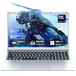 RNRUO - 17.3" Laptop Intel Core Ultra 5 115U 12GB LPDDR5 RAM 256GB SSD Large FHD Screen WiFi 6 BT 5.2 Windows 11 - Silver