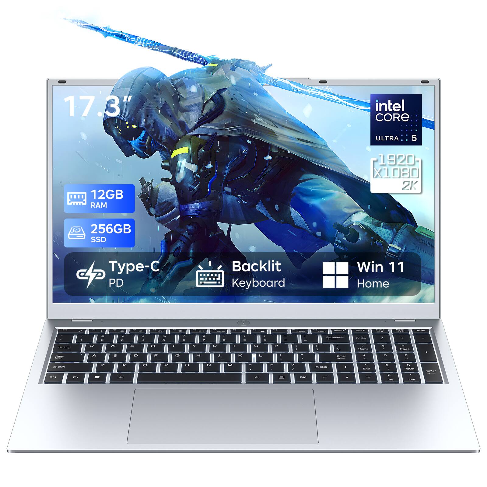 17.3"  
Intel Core Ultra 5  
12GB RAM  
1920 x 1080 2K  
256GB SSD  
Type-C PD  
Backlit Keyboard  
Win 11 Home
