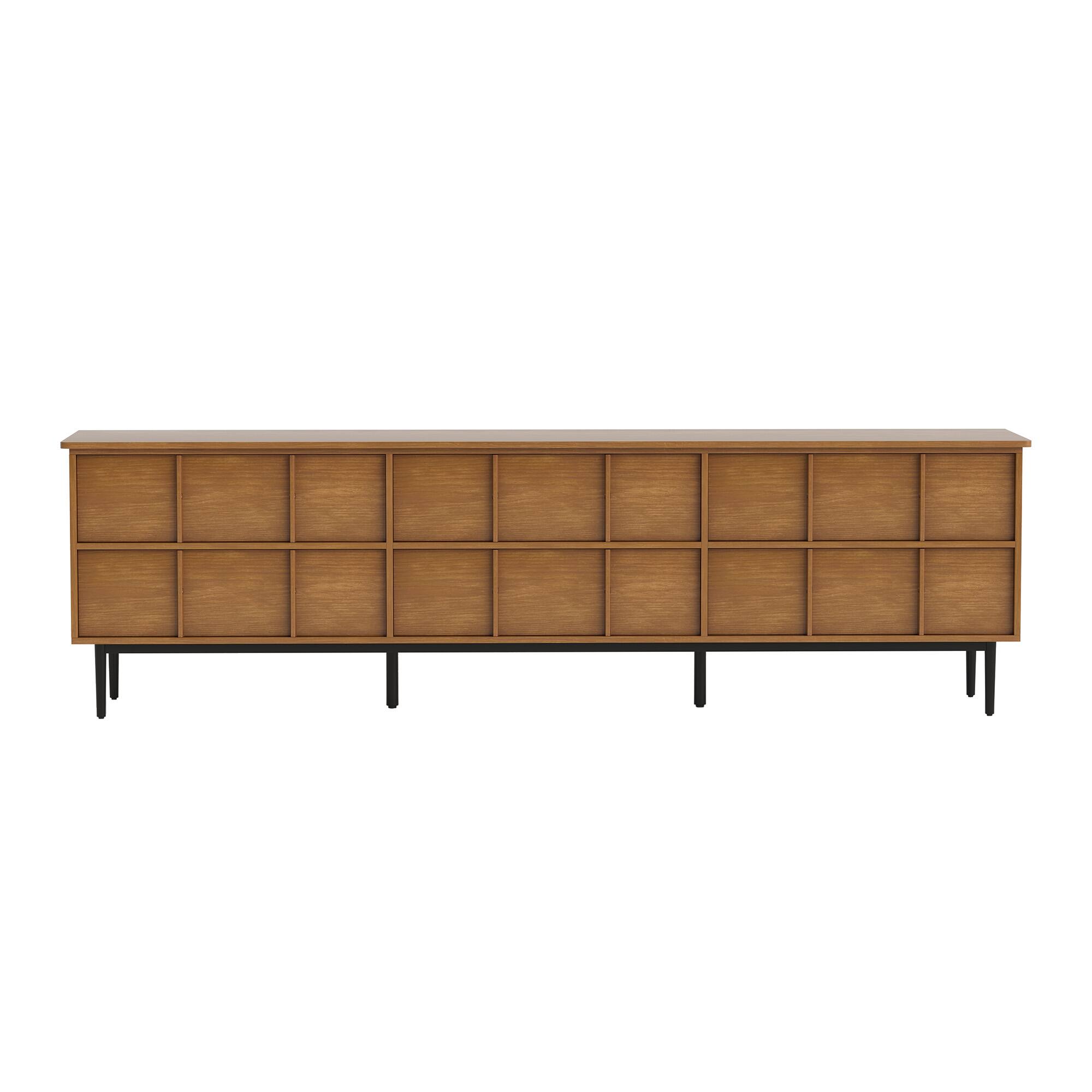 Alt View 6. luck idea - 86.61" Modern TV Stand, Waffle-Textured Front with 6 Drawers, Thickened Board Media Console, Metal Legs & Cable Holes - Walnut Color.