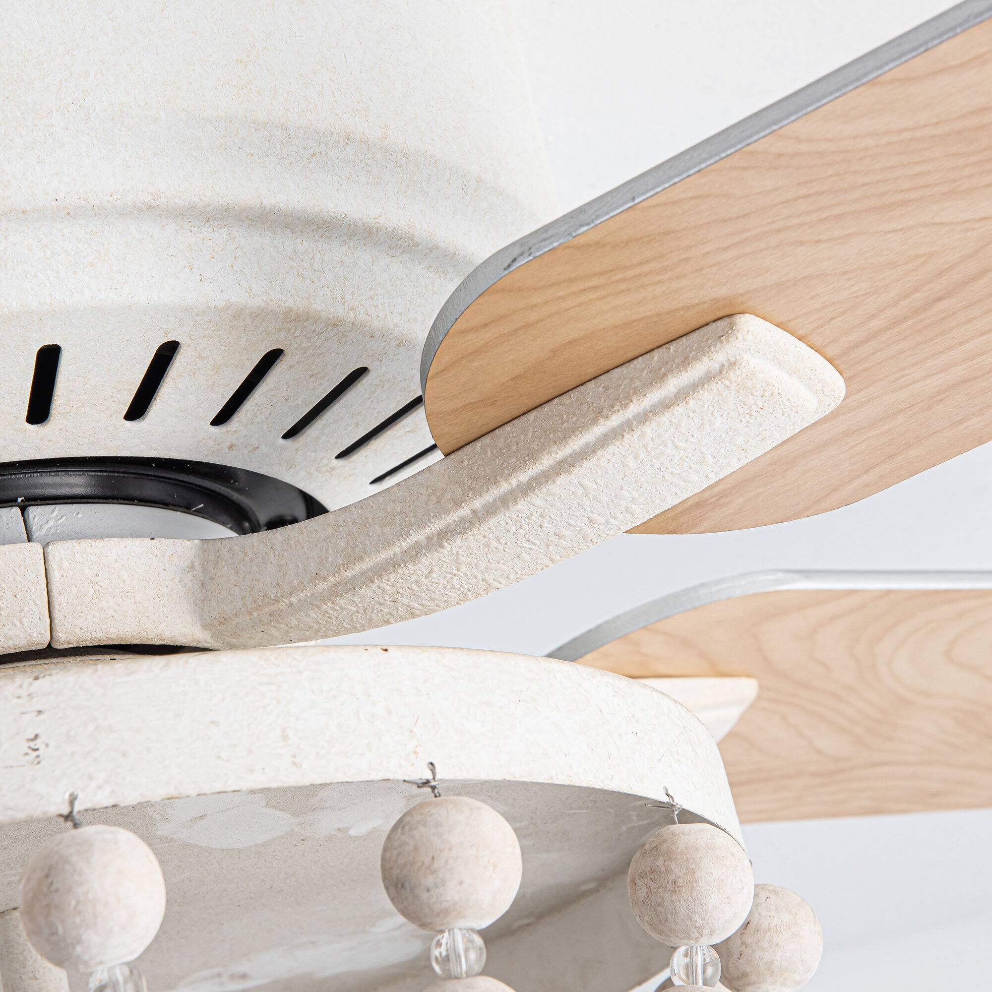 Alt View 10. Parrot Uncle - 48" Farmhouse Flush Mount Ceiling Fan with Light and Remote, White/Wood Grain Blades - Weathered Vintage White.