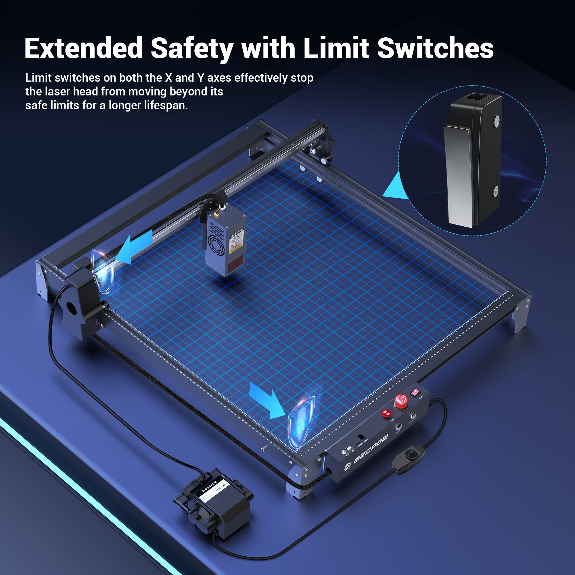 Extended Safety with Limit Switches

Limit switches on both the X and Y axes effectively stop the laser head from moving beyond its safe limits for a longer lifespan.
