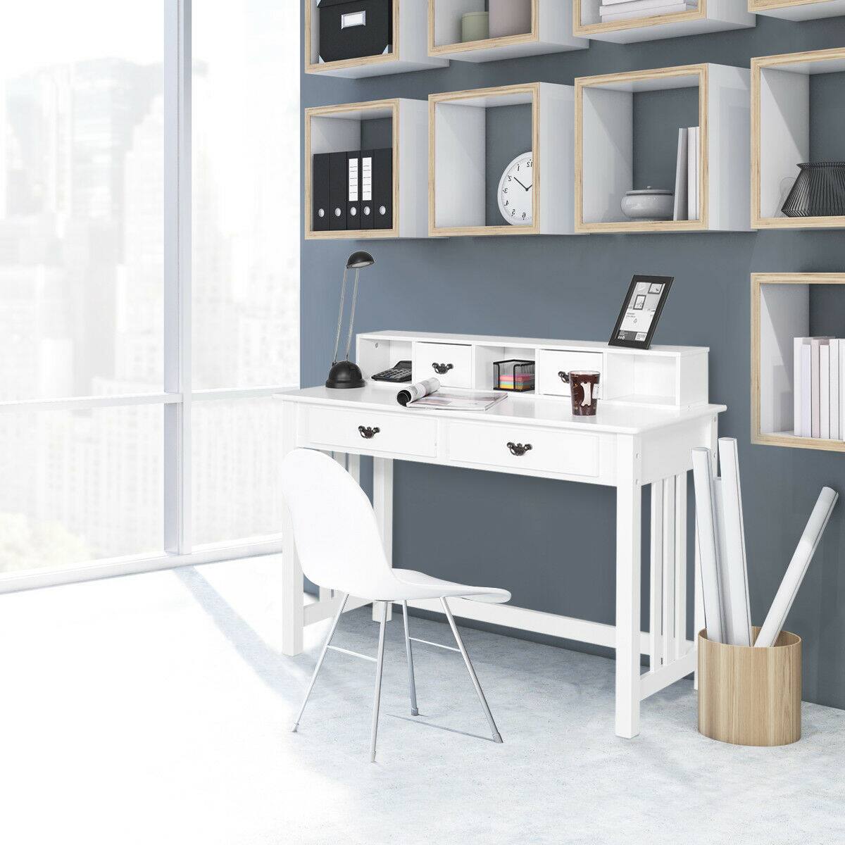 Alt View 5. Costway - Costway Writing Desk with Drawers and Removable Hutch Solid Wood Legs Concise Style - White.