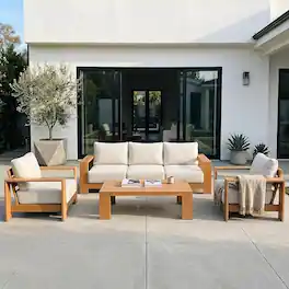 Acanva - Ciela 4-Piece Aluminum Outdoor Patio Furniture Set with Coffee Table - Beige + Oak wood grain