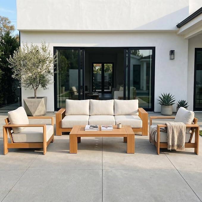 Front. Acanva - Acanva Ciela 4-Piece Aluminum Outdoor Patio Furniture Set with Coffee Table - Beige + Oak wood grain.