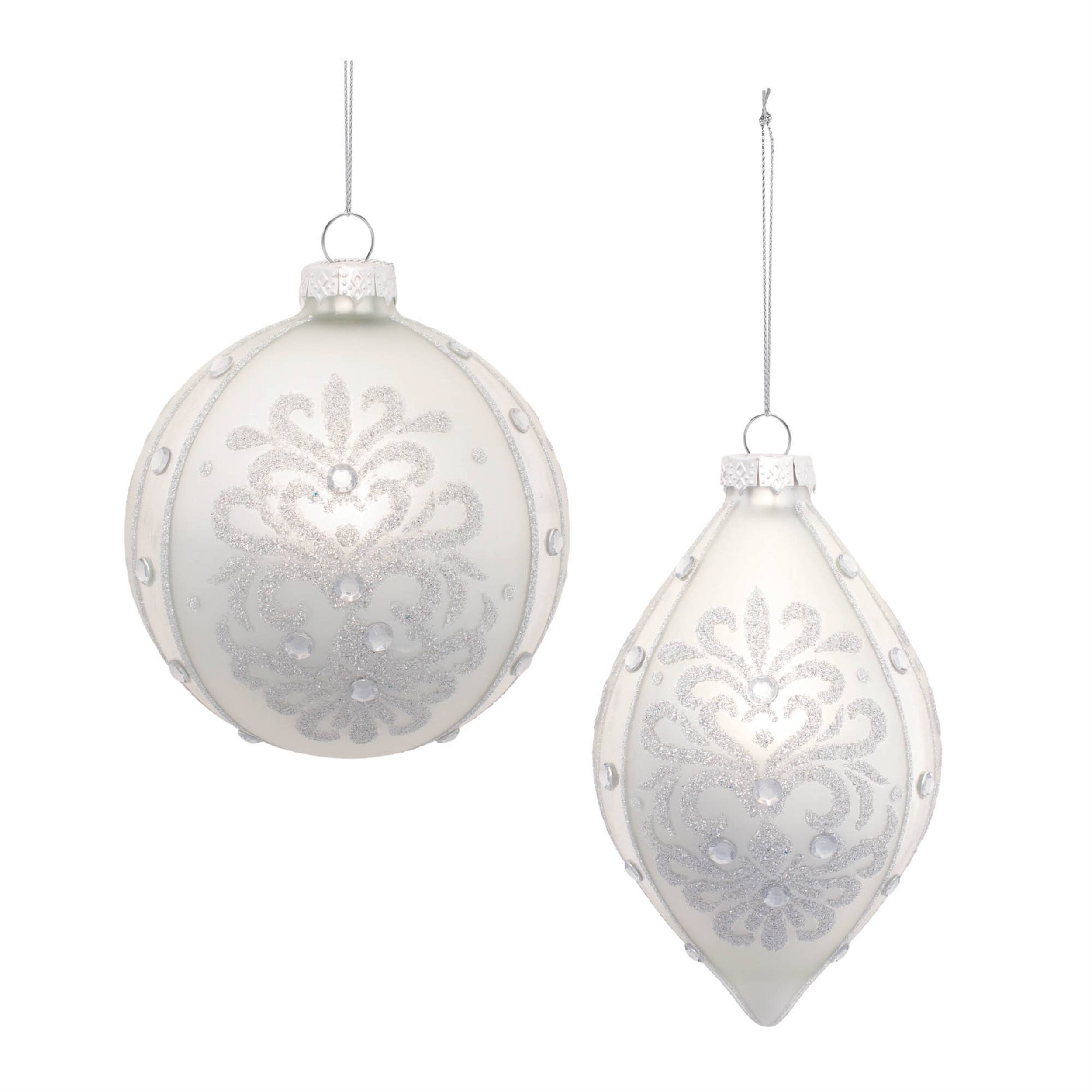 BreeBe - Glittered Ornaments (Set of 6) - White, Silver