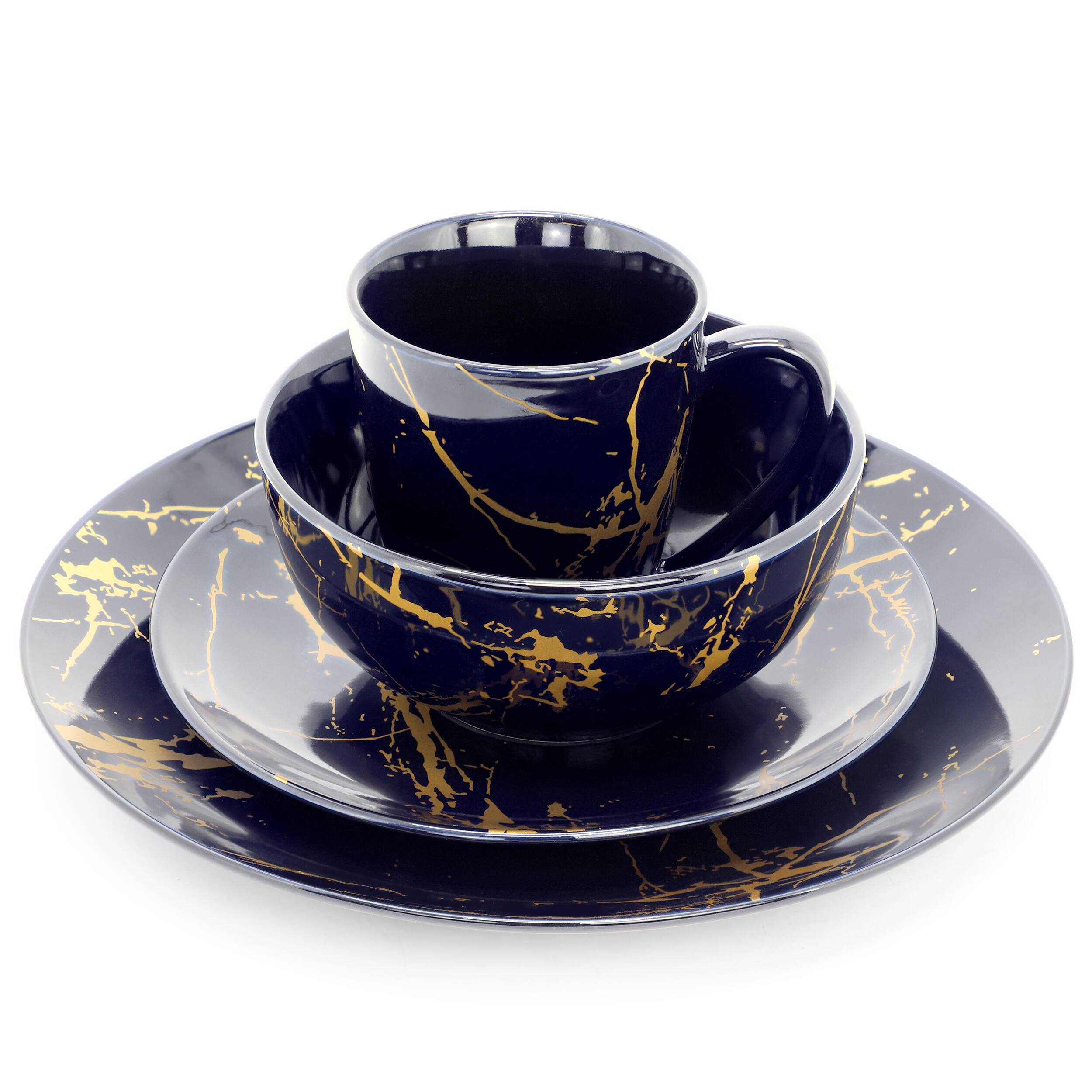 Alt View 1. Elama - Elama Fine Marble 16 Piece Porcelain Dinnerware Set in Dark Blue with Gold Veining - Dark Blue and Gold.