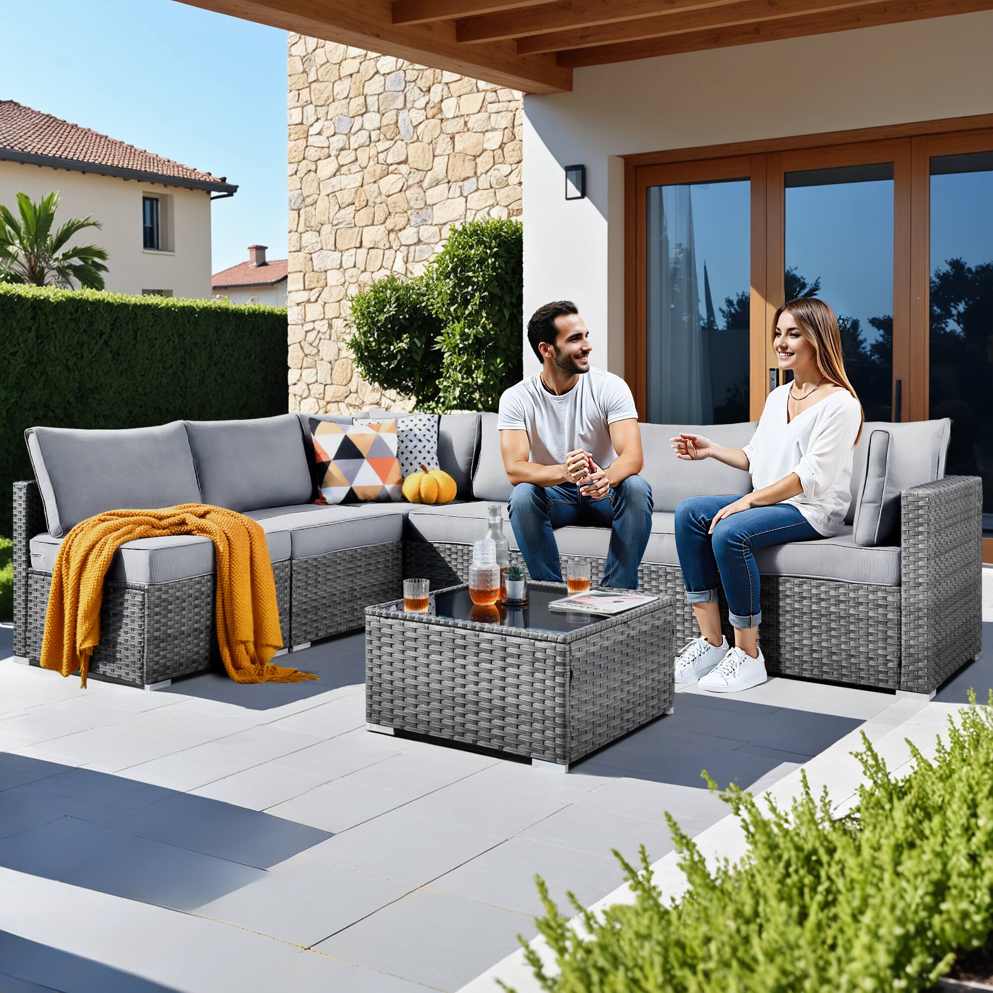 Alt View 2. Ovios - 7 PCS Patio Furniture Outdoor Sofa Sets with Wicker, Cushions and Coffee Table for Garden, Backyard and Balcony - Grey.