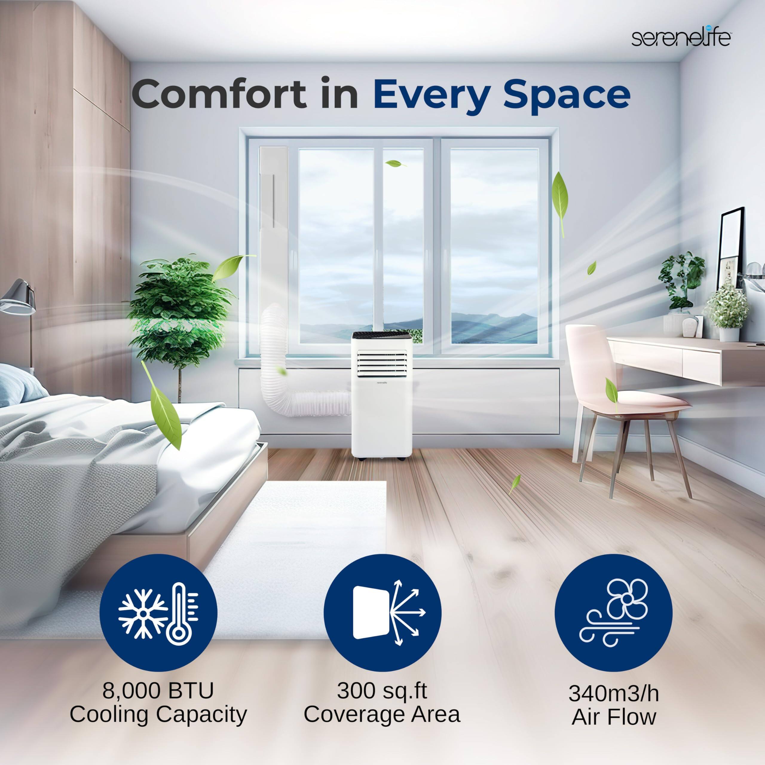 serenelife  
Comfort in Every Space  
8,000 BTU Cooling Capacity  
300 sq.ft Coverage Area  
340m3/h Air Flow