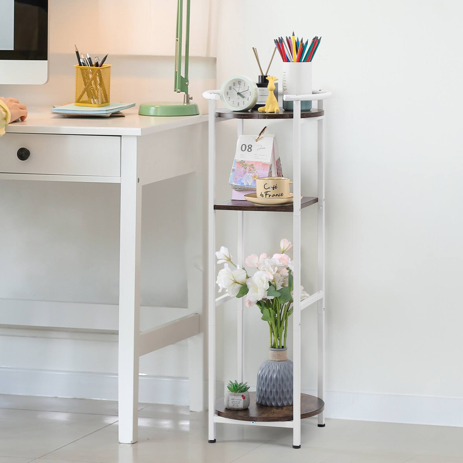 Alt View 1. Oumilen - 3-Tier Water Dispenser Stand Plant Shelf, White Metal with Rustic Wood - White.