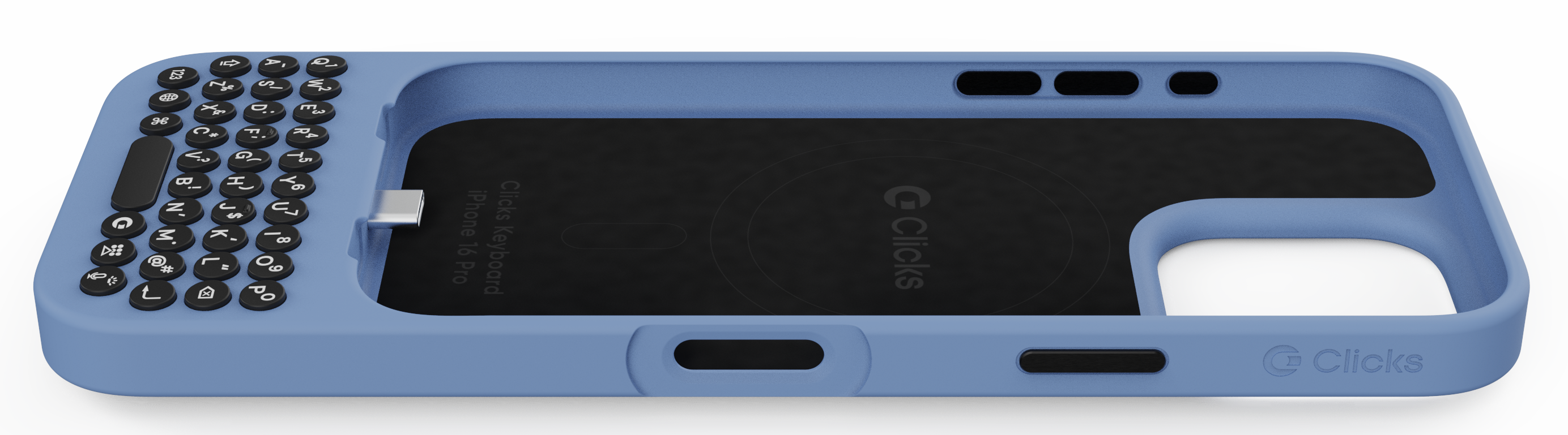 The image shows a blue case designed for an iPhone, which has a built-in keyboard. The case is made by the company Clicks. The case is open, revealing the keyboard inside. The keyboard has a total of 96 keys, including letters, numbers, and function keys. The case is designed to protect the iPhone while providing a convenient and portable keyboard for typing on the go.