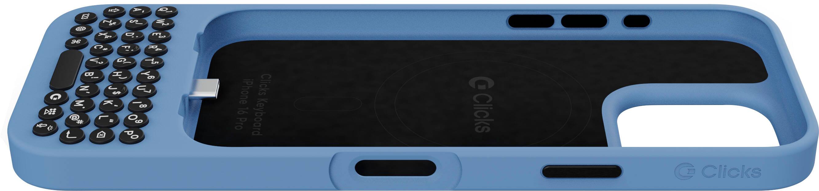 The image shows a blue case designed for an iPhone, which has a built-in keyboard. The case is made by the company Clicks. The case is open, revealing the keyboard inside. The keyboard has a total of 96 keys, including letters, numbers, and function keys. The case is designed to protect the iPhone while providing a convenient and portable keyboard for typing on the go.