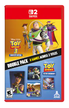 2 NINTENDO SWITCH. IN ICTTEAR Disney PIXAR TOY STORY 3 COMPLETE EDITION 2 TITLES GAMES ACROSS 6 DOUBLE PACK Disney PIXAR TOY STORY RETRO ROUNDUP! EVERYONE 10+ E 10+ ESRB ATARI - E10+ (Everyone 10+)