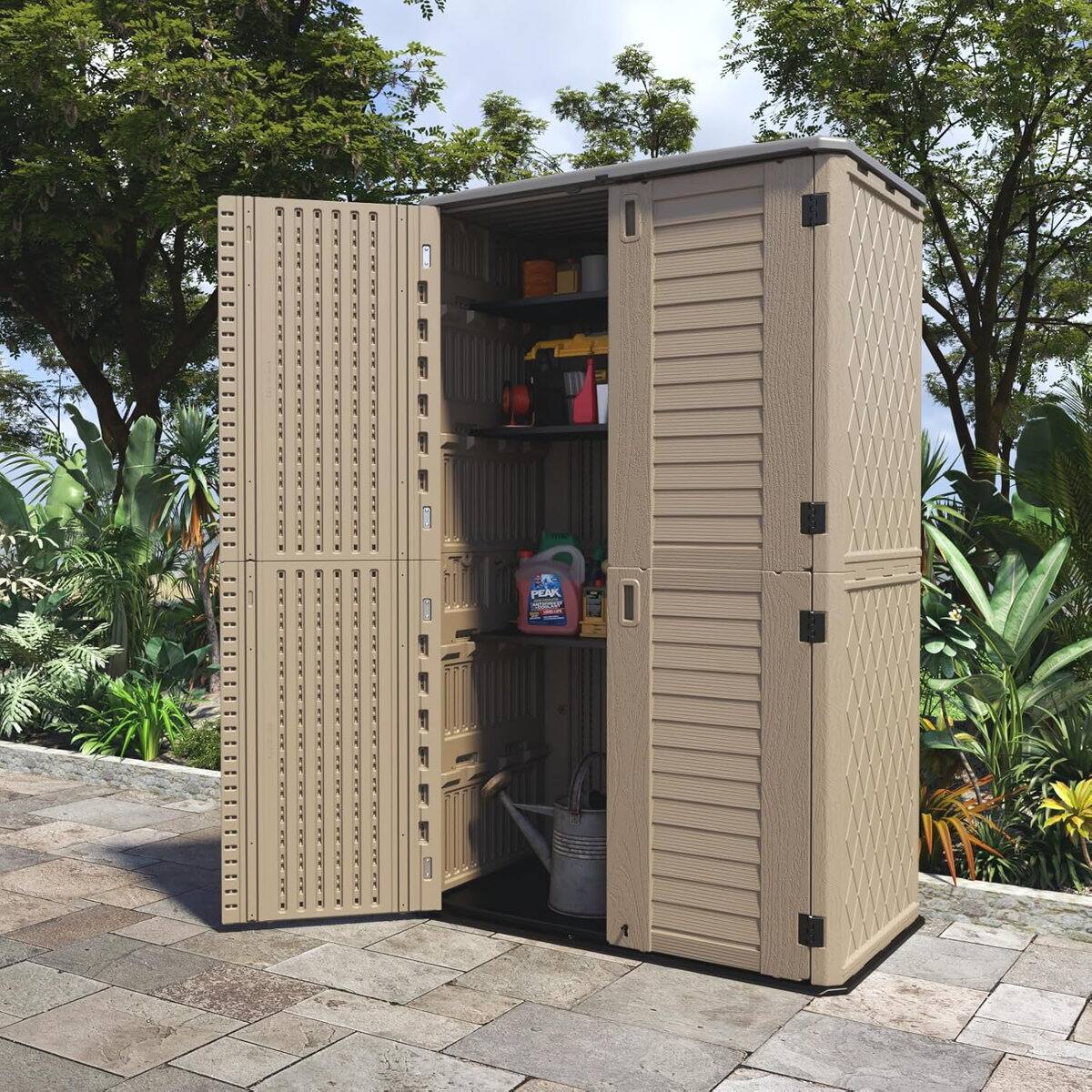 Left. Yardgrace - 66 Cu.ft Waterproof Resin Vertical Storage Shed, Lockable. Outdoor Storage Box for Garden, Backyard, Home & Pool - Brown.