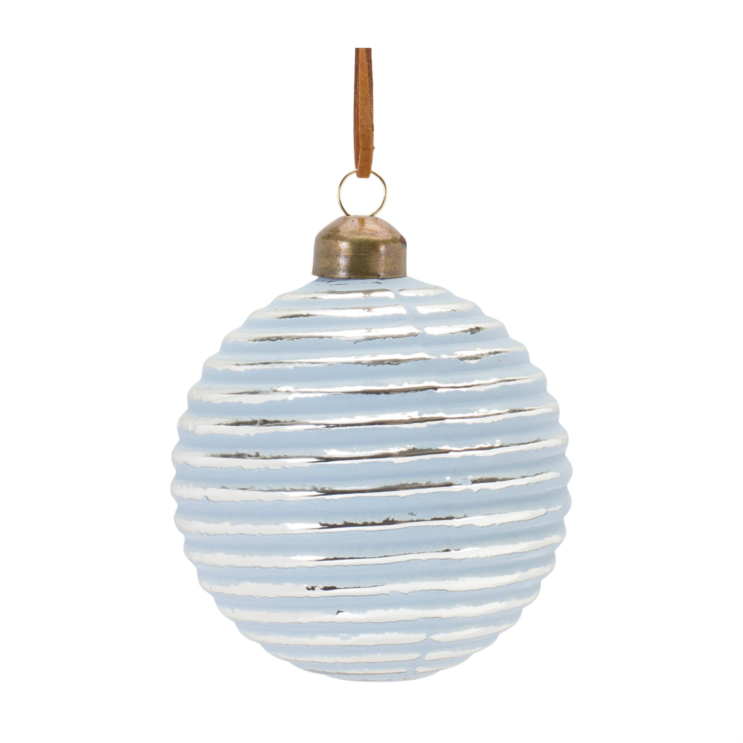 Back. BreeBe - Ribbed Glass Ornament (Set of 12) - Blue, White.