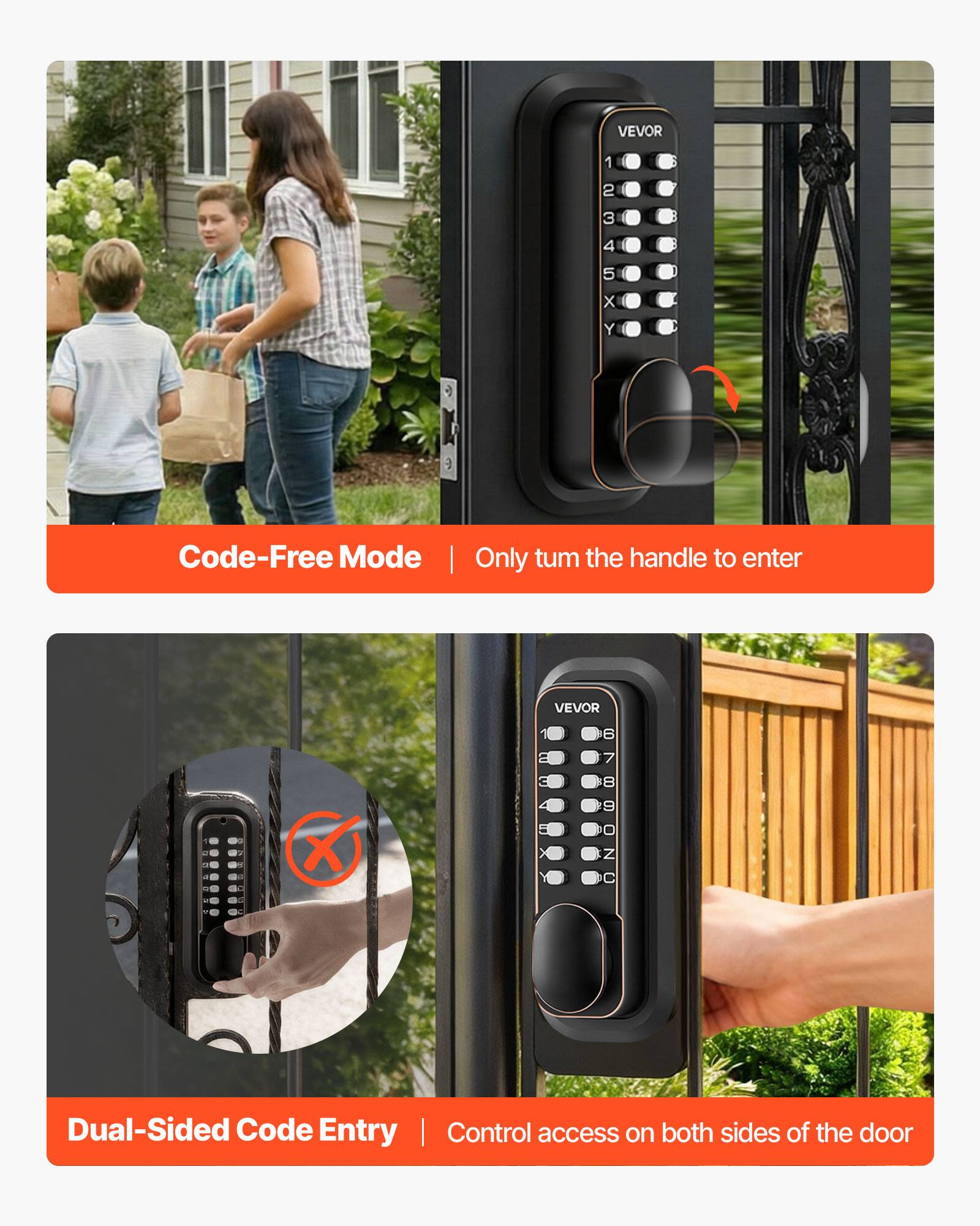 VEVOR 1 2 3 4 5 x Y Code-Free Mode | Only turn the handle to enter

VEVOR 1 6 7 8 9 X C Dual-Sided Code Entry | Control access on both sides of the door