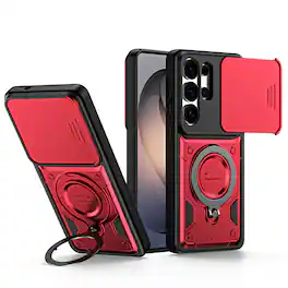 Dteck - For Samsung Galaxy S26 Ultra Shockproof Ring Kickstand Drop Protection Rugged Case Sliding Camera Lens Cover - Red