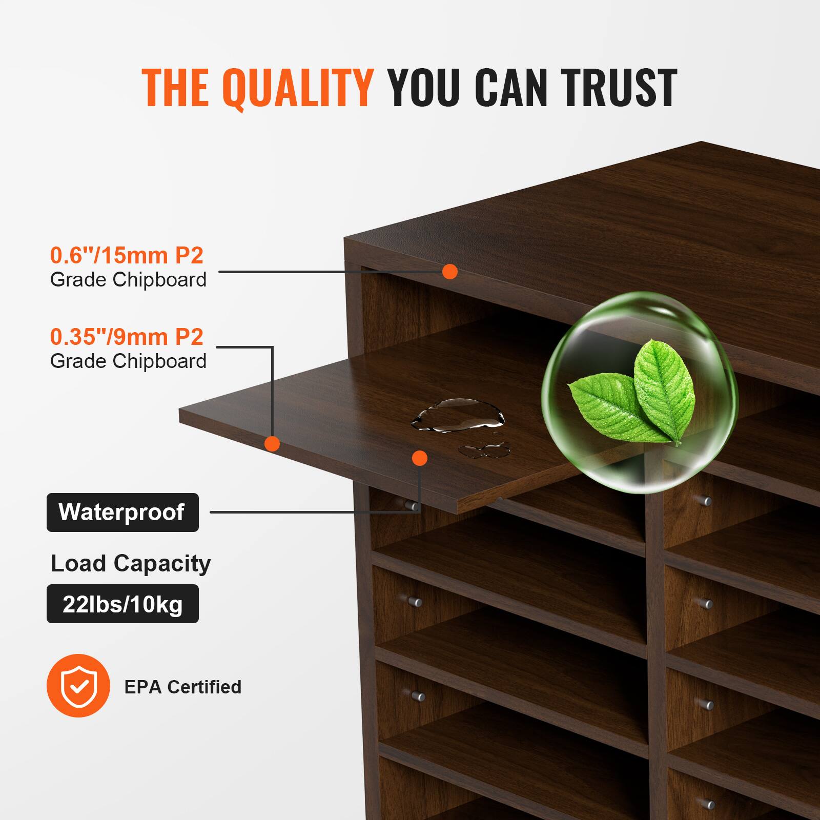 THE QUALITY YOU CAN TRUST

0.6"/15mm P2 Grade Chipboard

0.35"/9mm P2 Grade Chipboard

Waterproof

Load Capacity 22lbs/10kg

EPA Certified