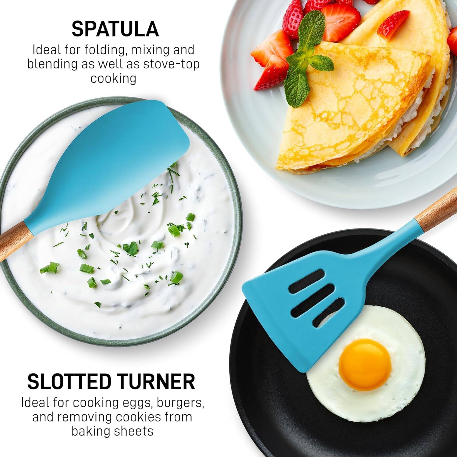 SPATULA  
Ideal for folding, mixing and blending as well as stove-top cooking  

SLOTTED TURNER  
Ideal for cooking eggs, burgers, and removing cookies from baking sheets