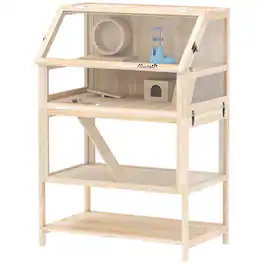 Pawhut - Wooden Hamster Cage with Detachable Lower Floor, Storage Shelf, Hut, Seesaw, Exercise Wheel - Natural Wood