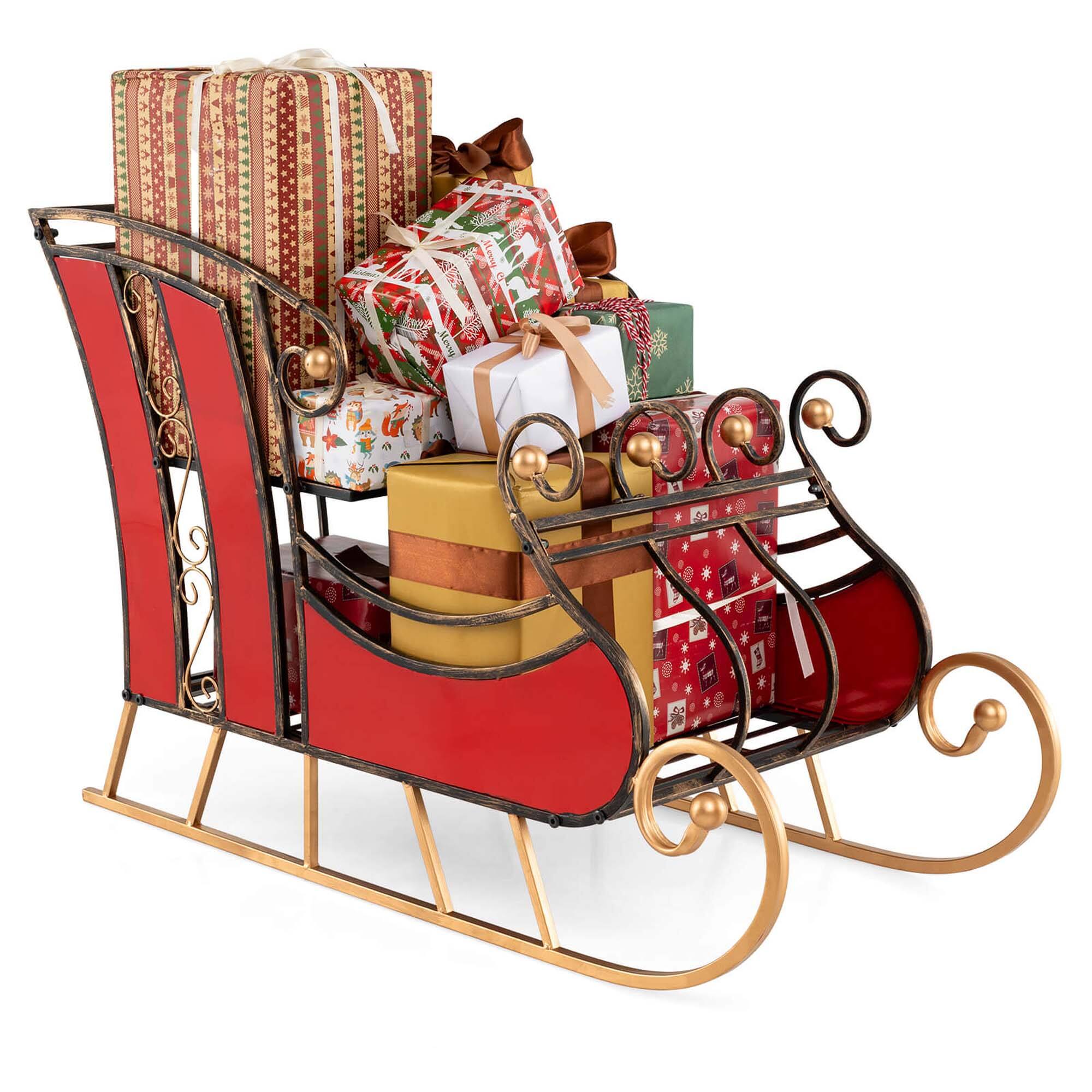 Front. Costway - Costway 23" Christmas Santa Sleigh with 2-Tier Storage Shelf Christmas Sleigh Decoration - Red.